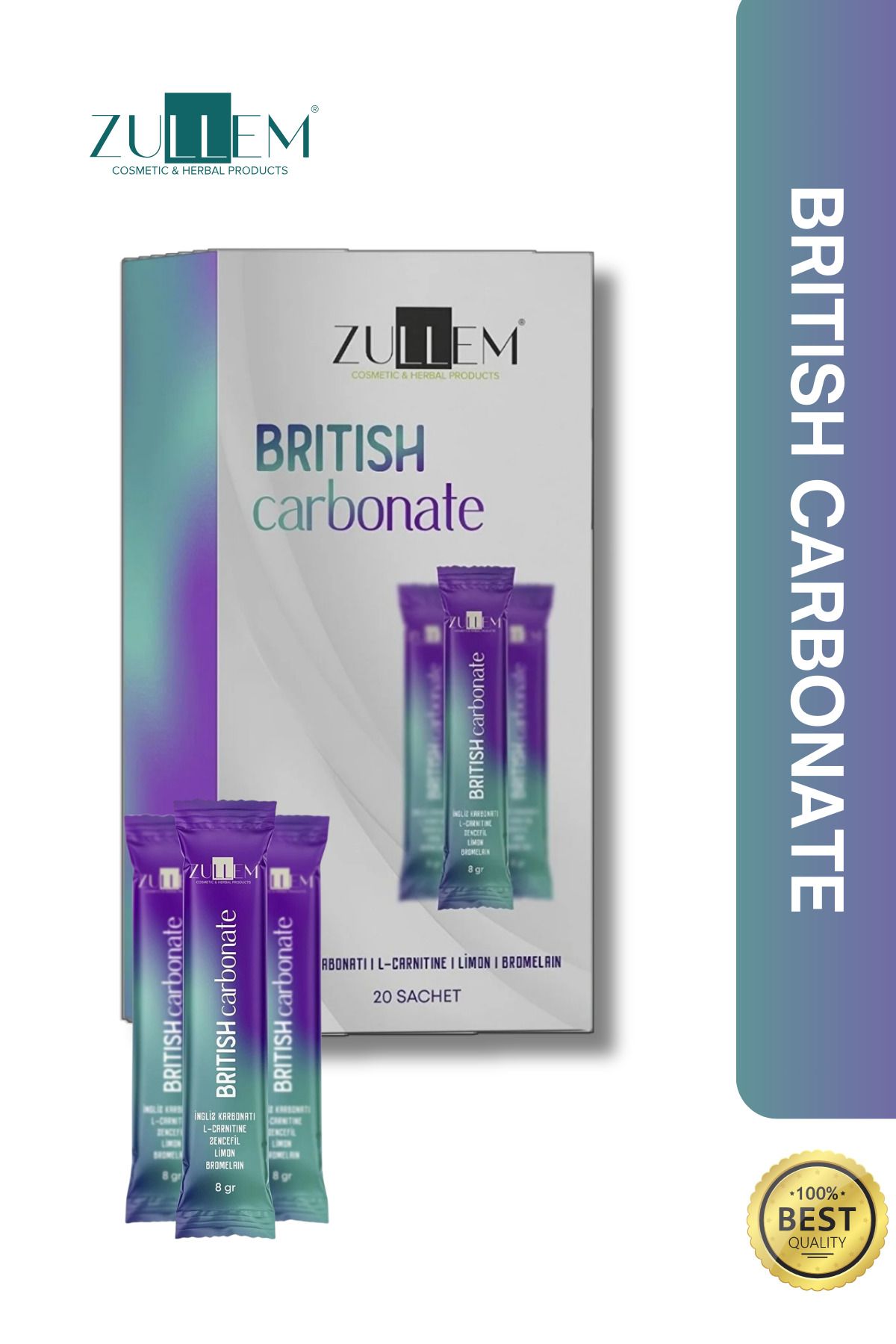 ZULLEM Bromelain Ve L-cartine Takviyeli British Carbonate ( Ingiliz Karbonatı) Toz 1 Kutu 20 X 8 Gr