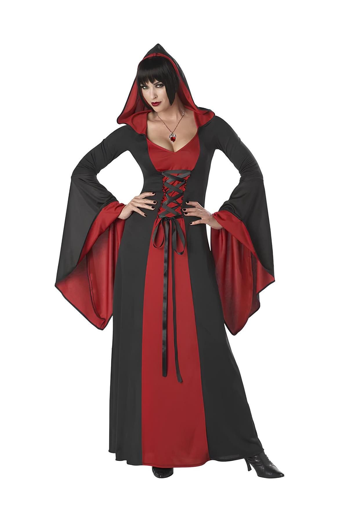 YÜSÜ Yetişkin Siyah Kırmızı Cadı Kostümü