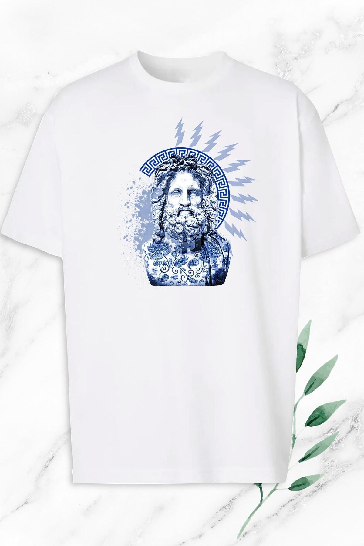 Pisa Art Oversize Mitoloji Zeus Heykel Baskılı Beyaz T-Shirt