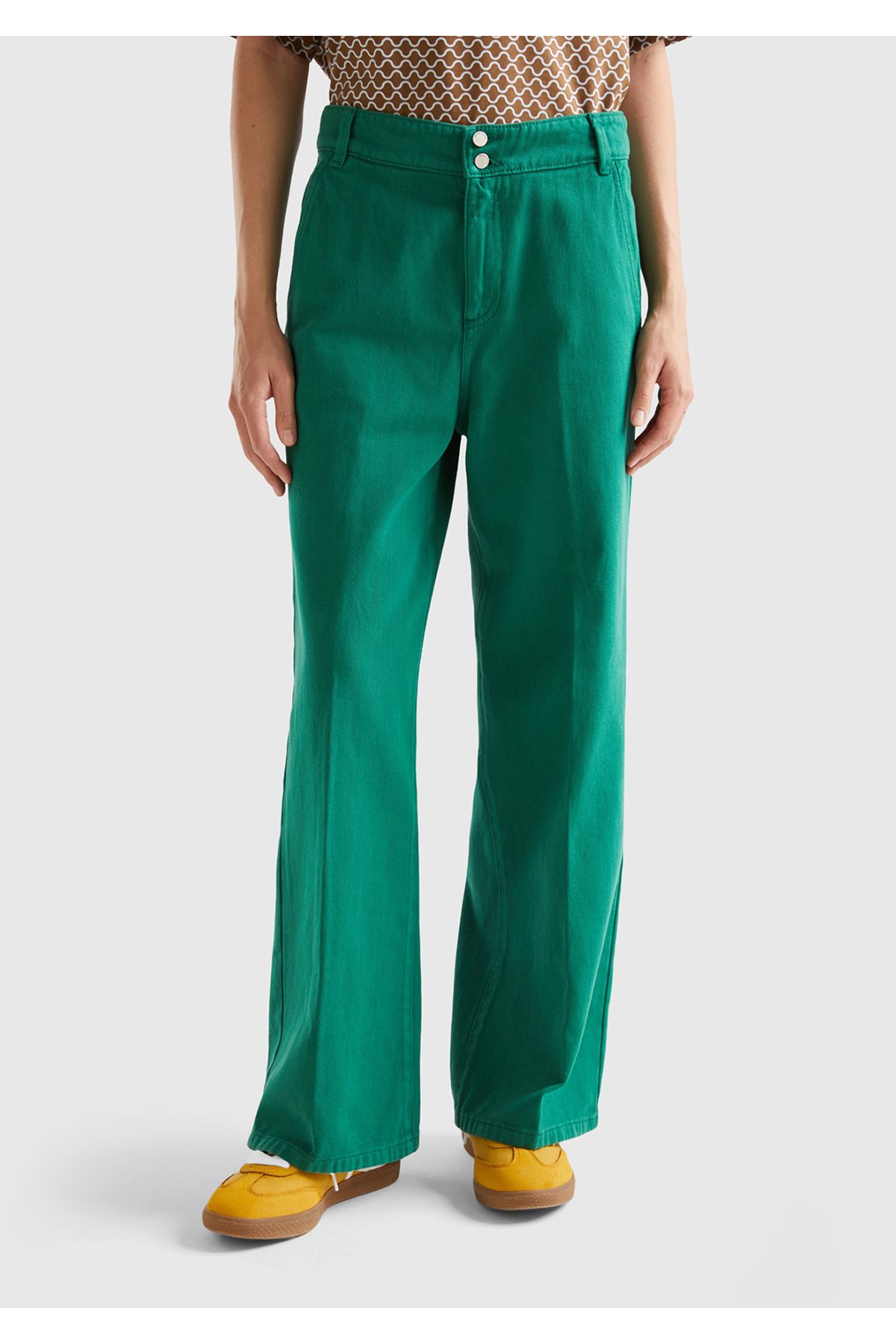 United Colors of Benetton Kadın Yeşil Beli Lastikli Geniş Paça Denim Pantolon