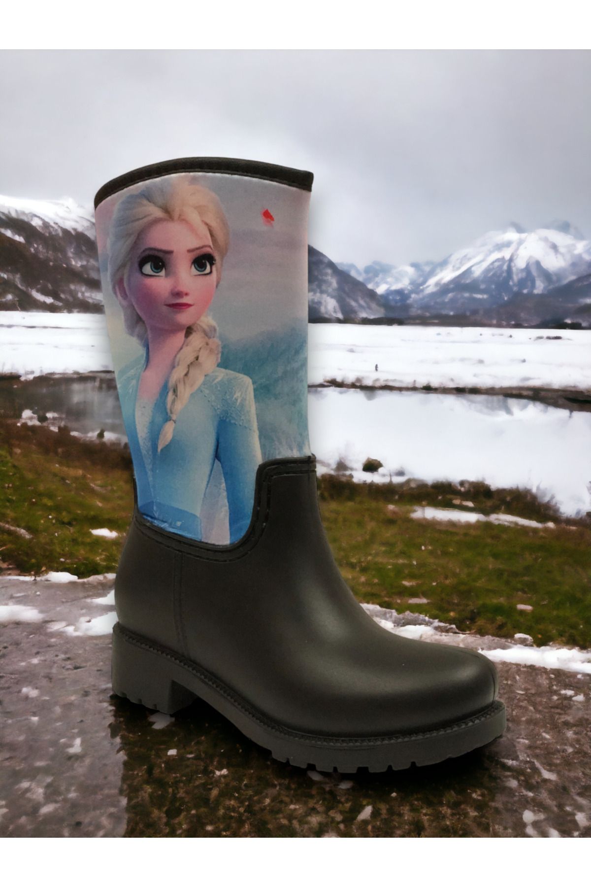Ponchiq Elsa Frozen Desenli Siyah Su Geçirmeyen Kız Çocuk Yağmur Çizmesi