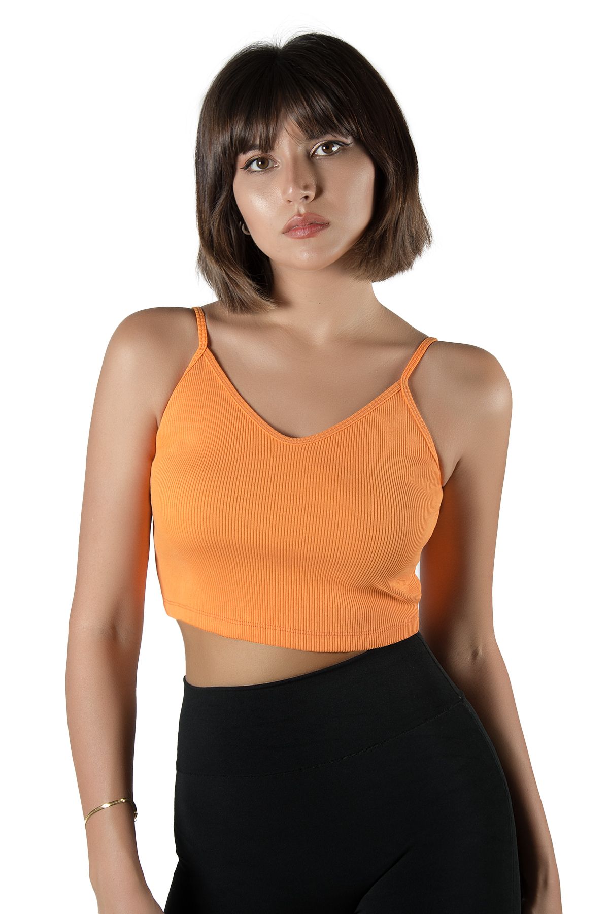 VEAVEN Turuncu İp Askılı Fitted/Vücuda Oturan Fitili Örme Crop Top Bluz