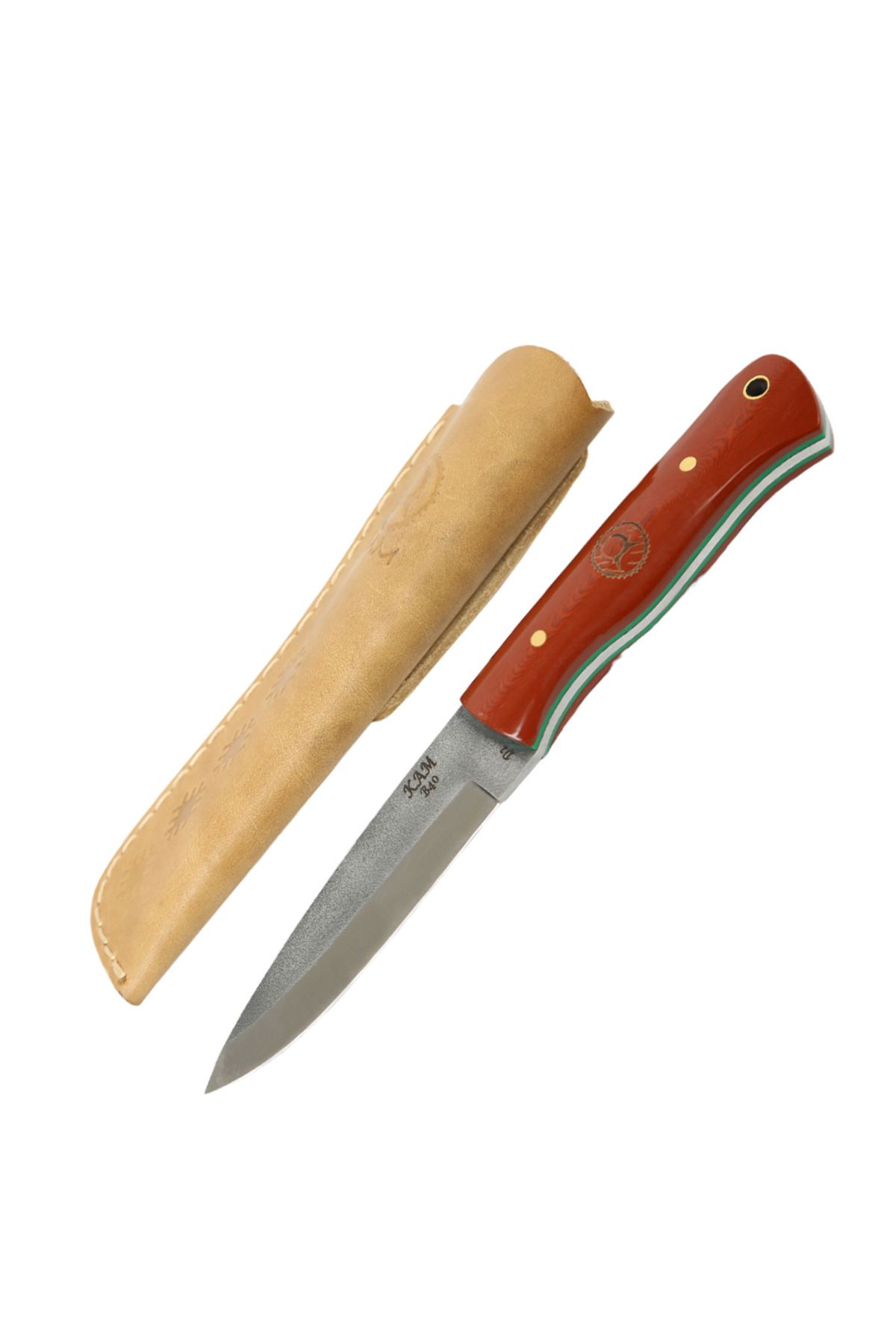 KAM KNIFE El Yapımı Kaliteli Fonksiyonel Kılıflı Sabit Bıçak-d2 Çelik - B40 D2 Kızıl Kahverengi