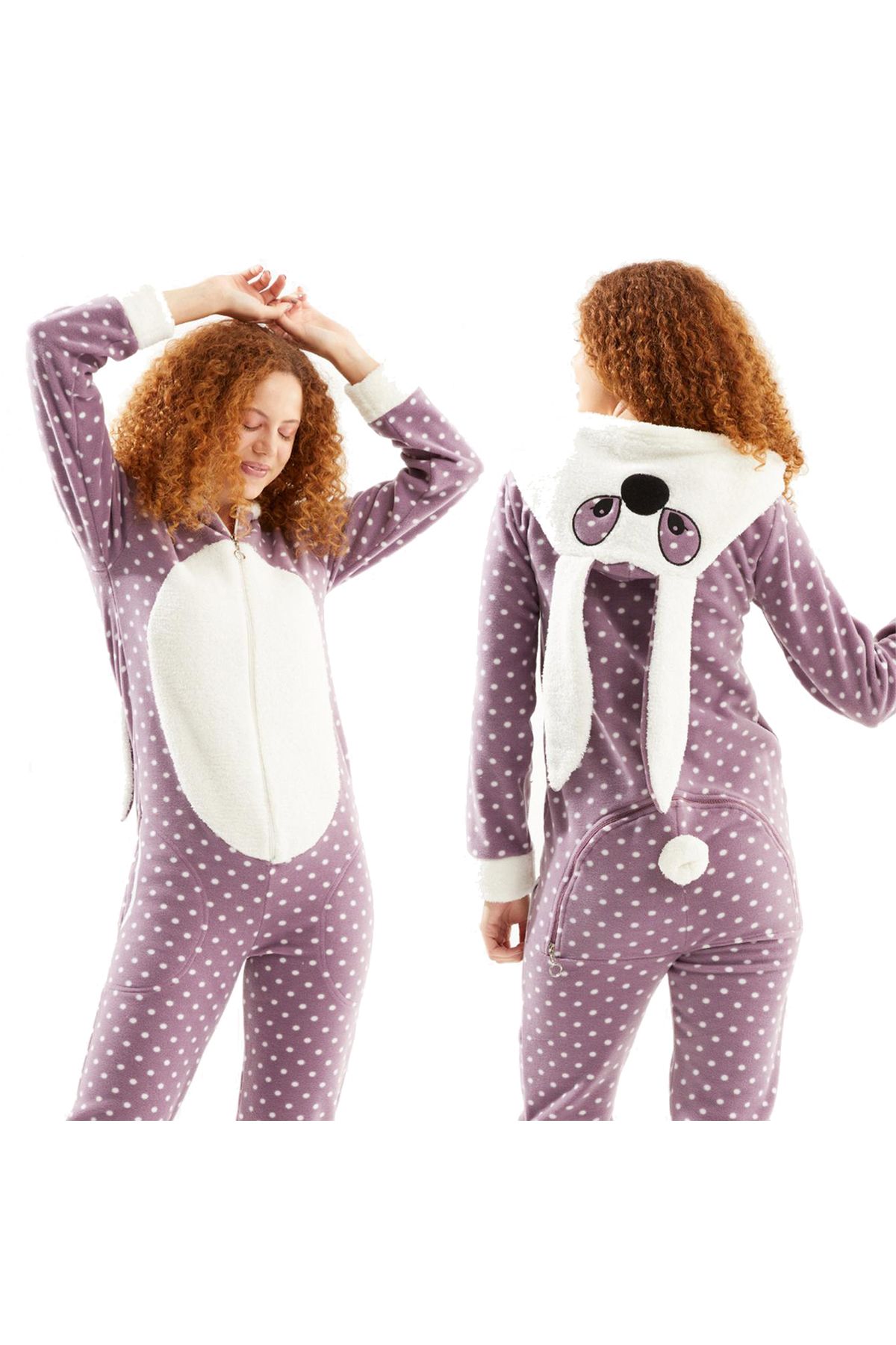Ecrou Kadın Lila Tavşan Puantiyeli Arkası Fermuarlı Polar Tulum Kapüşonlu Pijama Takımı