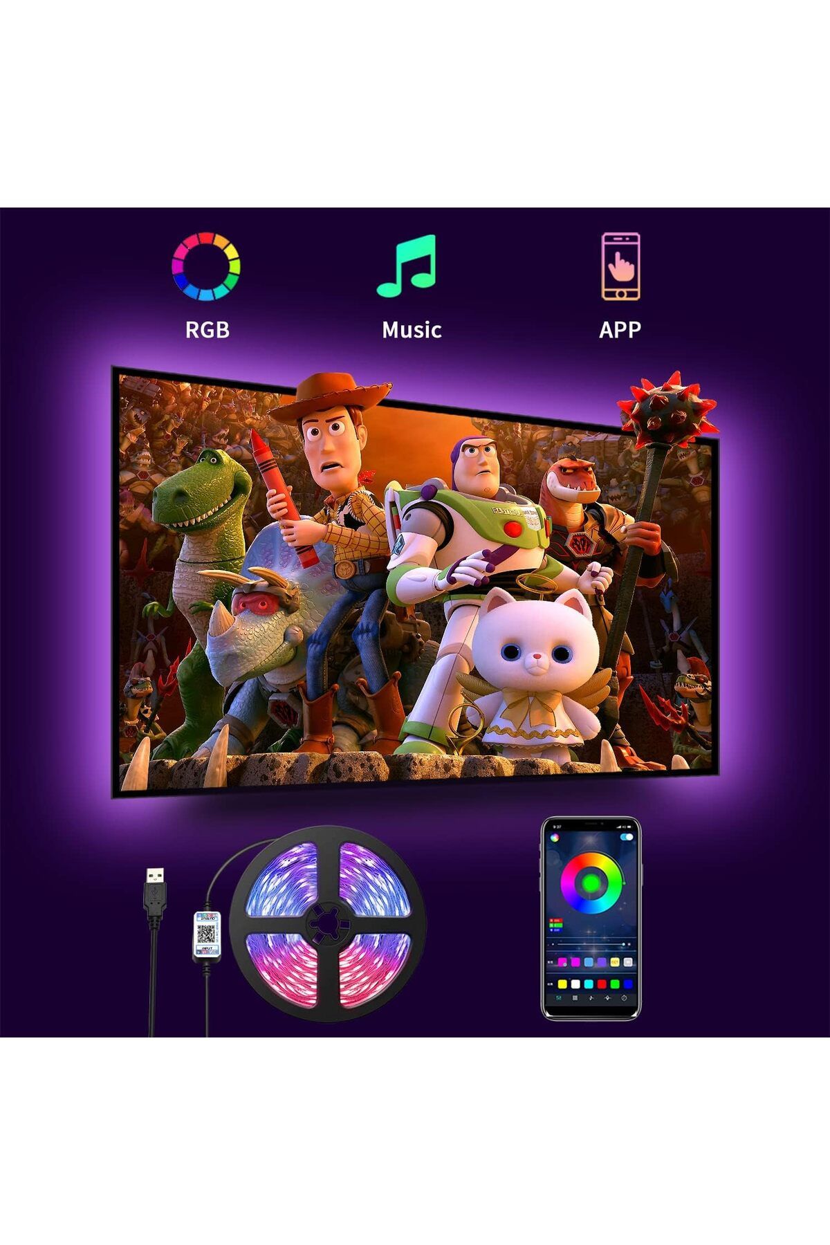 Romwish LED TV arka plan aydınlatması uygulaması, 4,5 m LED şerit USB Bluetooth TV