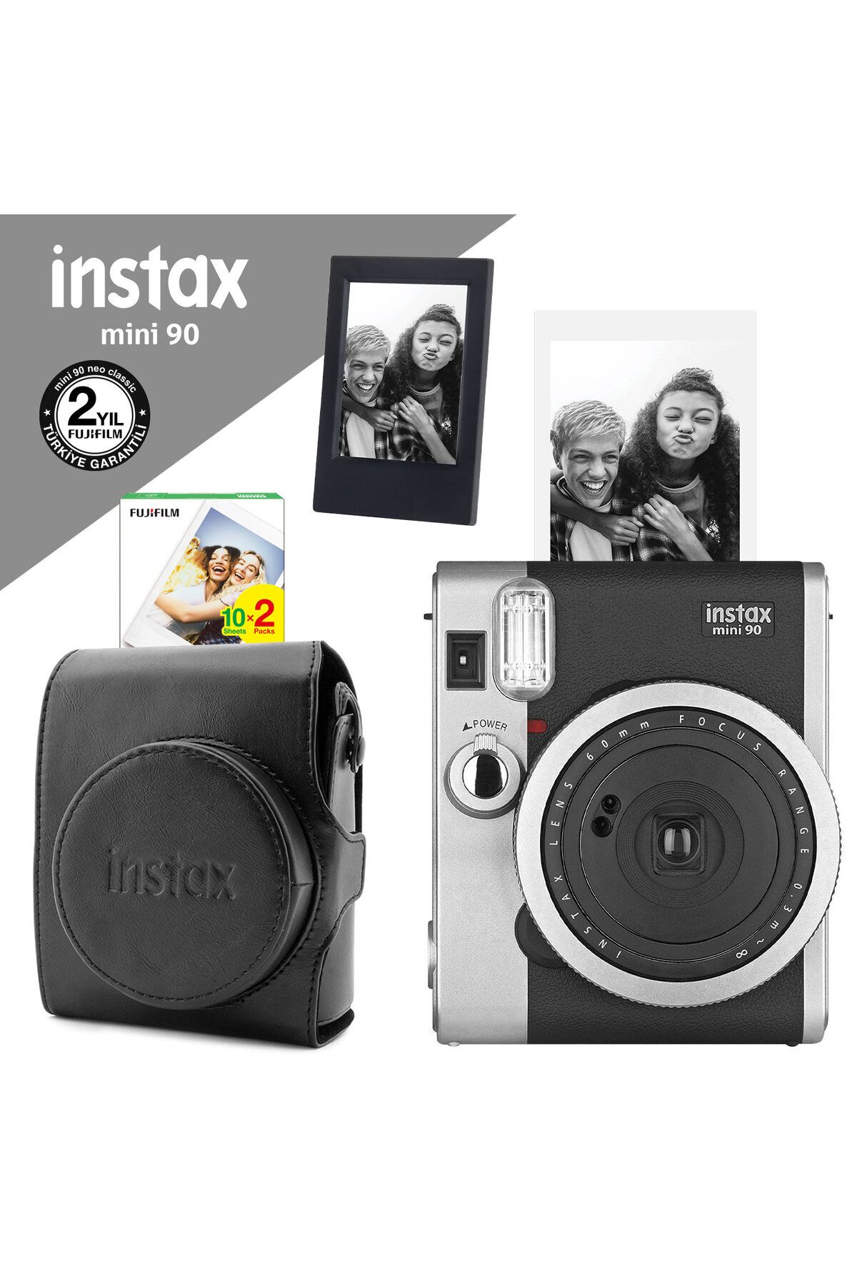 Fujifilm Instax Neo 90 Classic Siyah Fotoğraf Makinesi-20li mini Film-Deri Kılıf ve Fotoğraf Çerçevesi