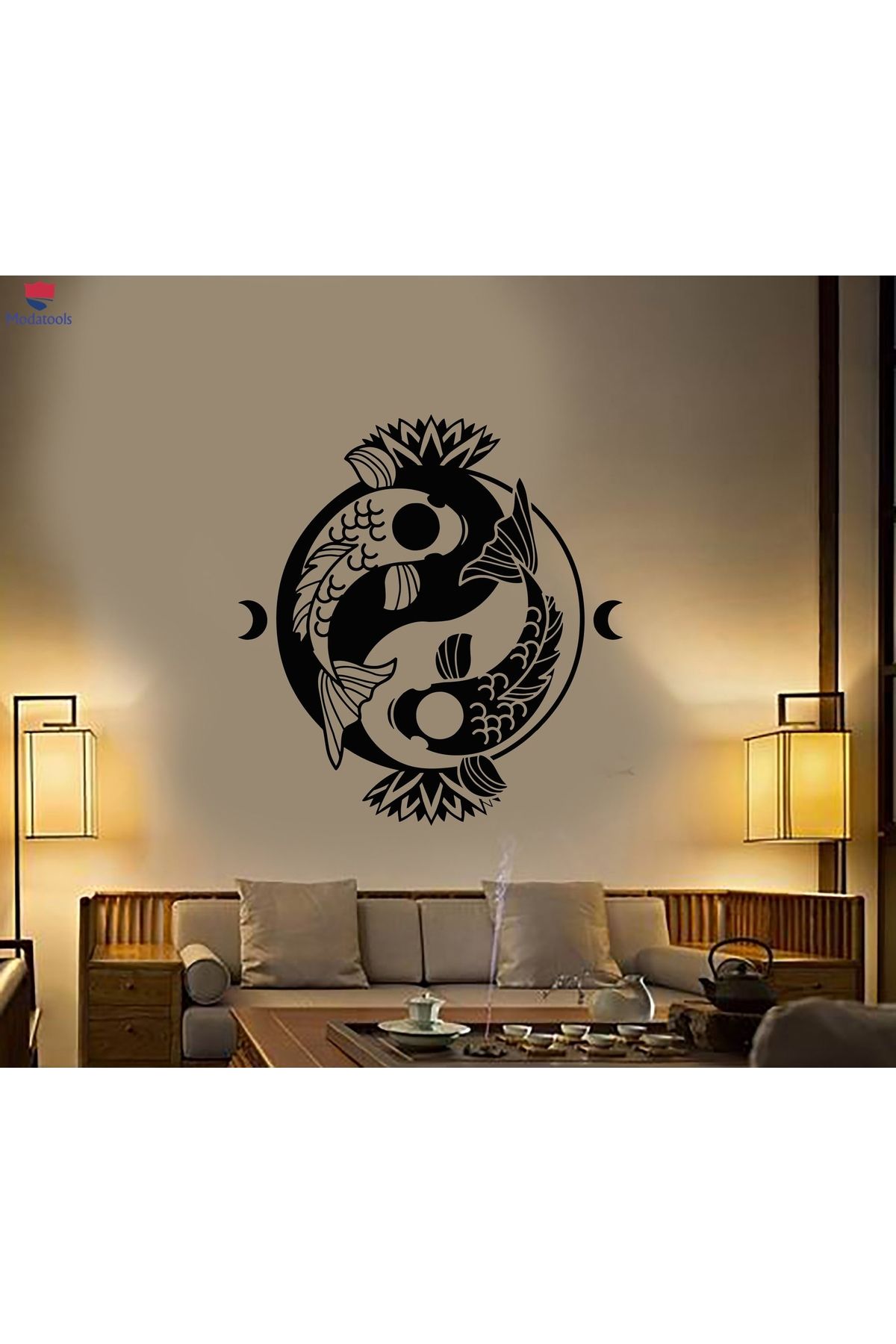 Modatools Oturma Odası, Yatak Odası Duvar Sticker Koi Sazan Yin Yang Sembolü Budizm Lotus Çiçeği Çıkartmaları