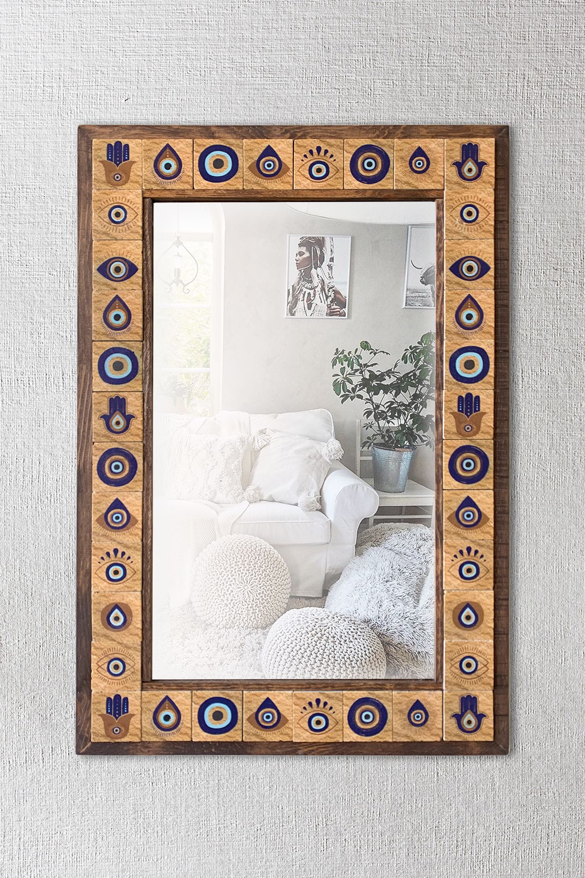 Pinecone Nazar Taş Duvar Aynası, Ahşap Çerçeveli Dekoratif Ayna, Salon Konsol Boy Aynası, Wall Mirror 43x63cm