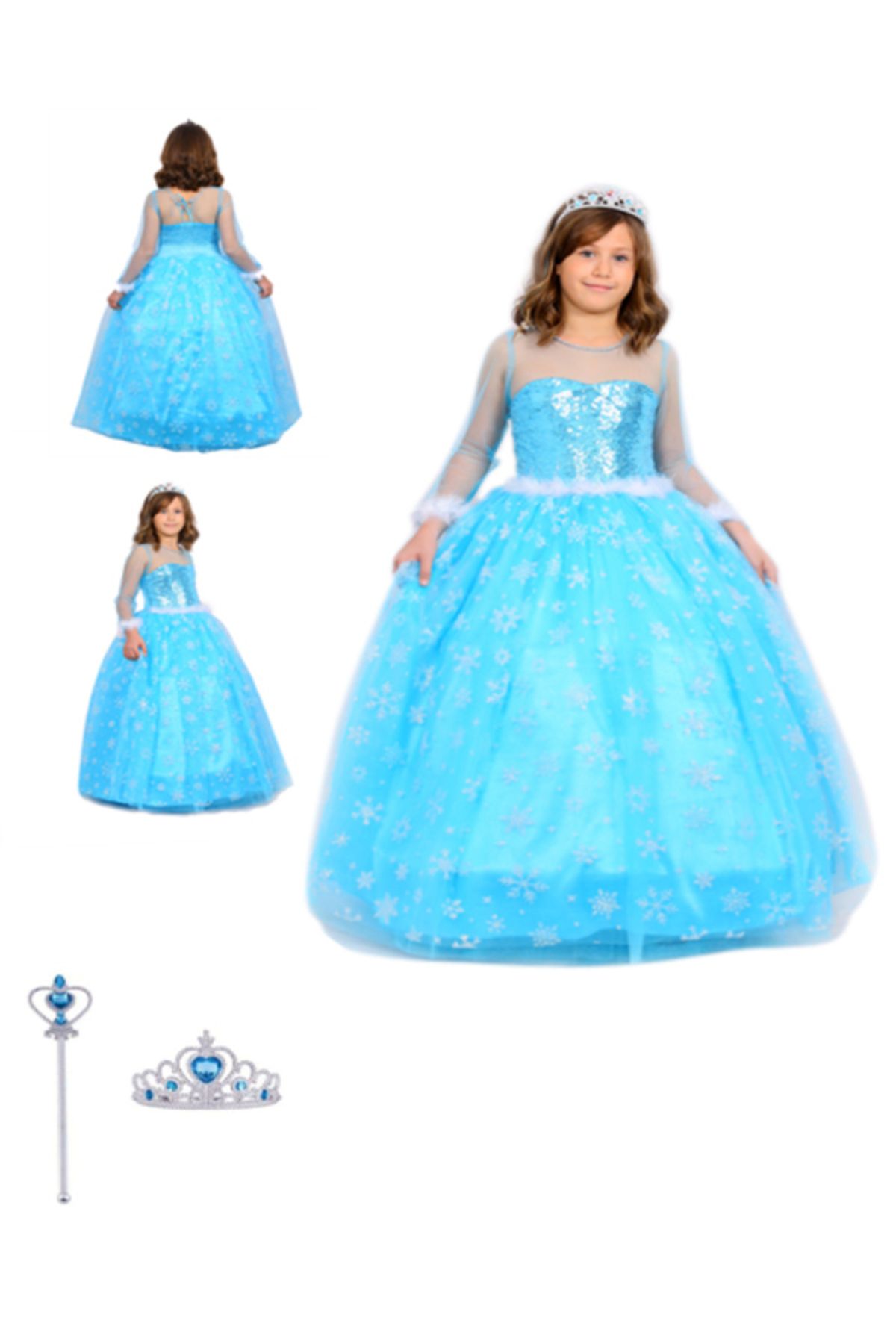 BUTİKHAPPYKİDS Kız Çocuk Elsa Kostümü Taç Asa Hediyeli 1-12 Yaş