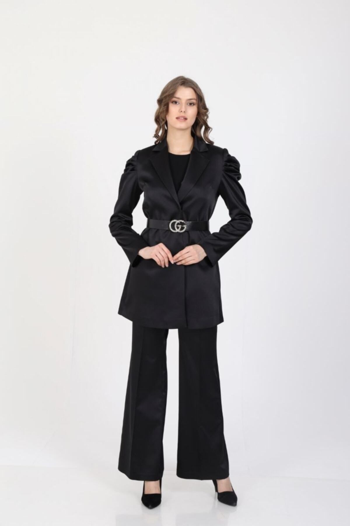 Orhan Tasarım Kolu Kemerli Şık Ceket Pantolon Takım - Siyah