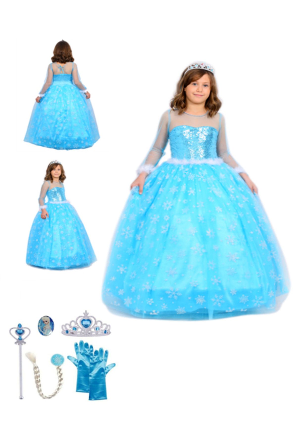 BUTİKHAPPYKİDS Prenses Elsa Kostümü Uzun Kollu Elsa Kostümü +Taç+Asa+Saç+Eldiven+Rozet Hediyeli 1-12 Yaş