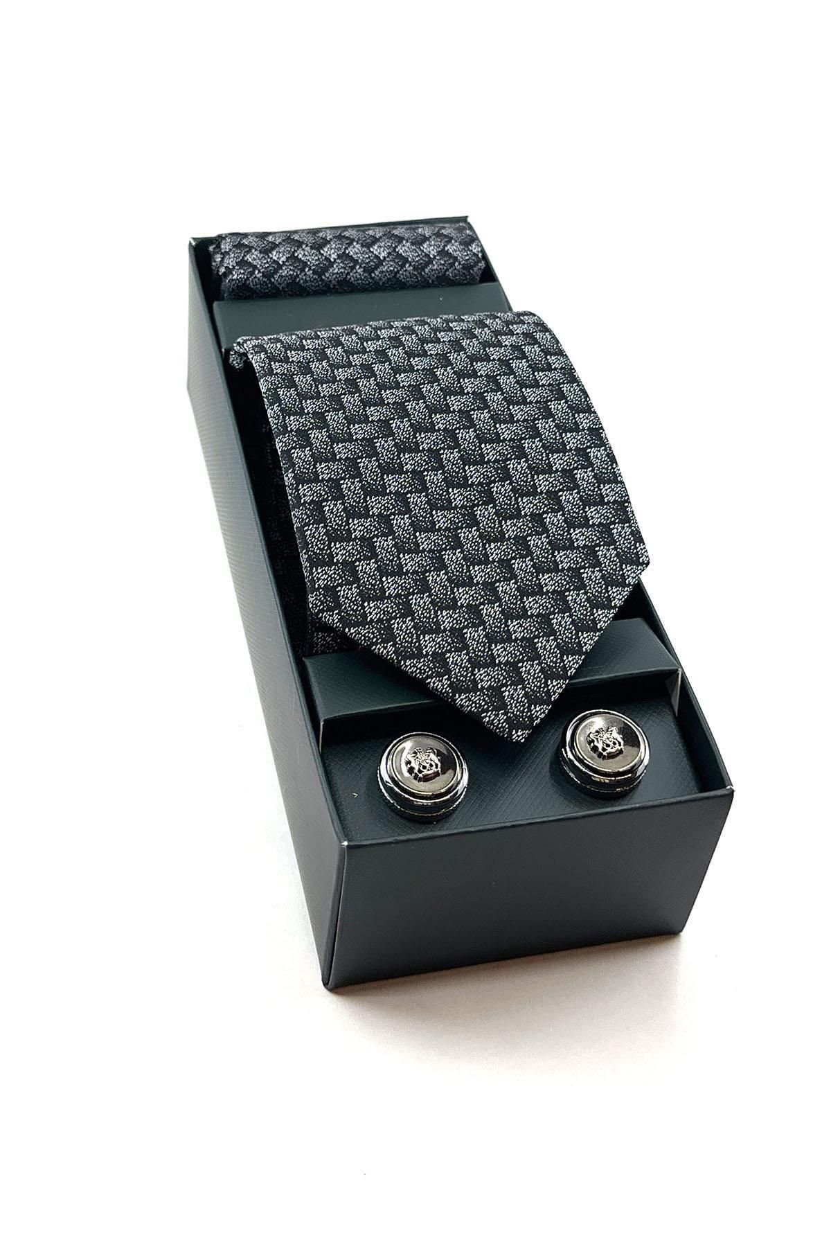 La Pescara Gri - Siyah Mendilli Kravat Gri Kol Düğmesi Hediye Seti OS516