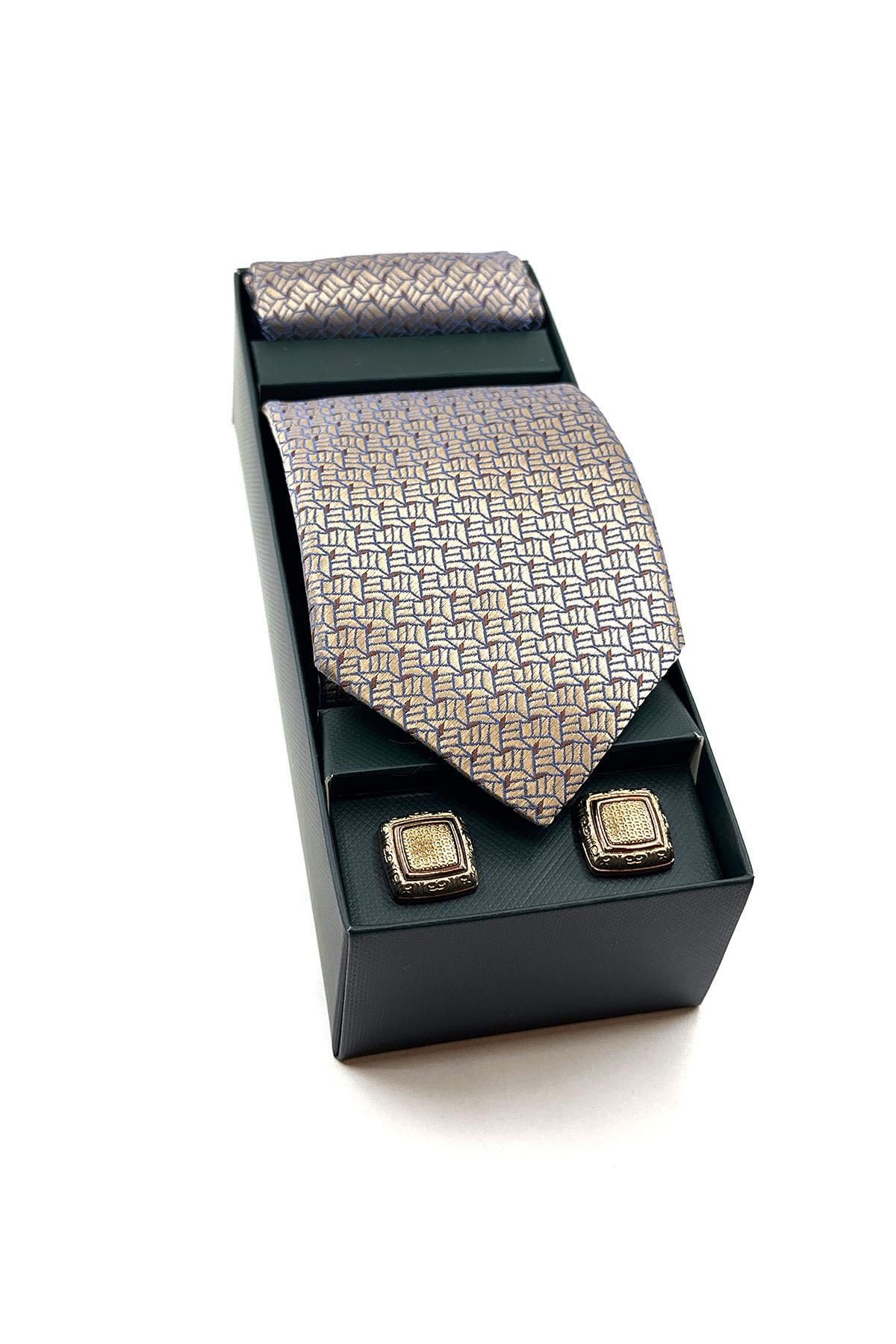 La Pescara Bej Mendilli Kravat Altın Kol Düğmesi Hediye Seti OS550