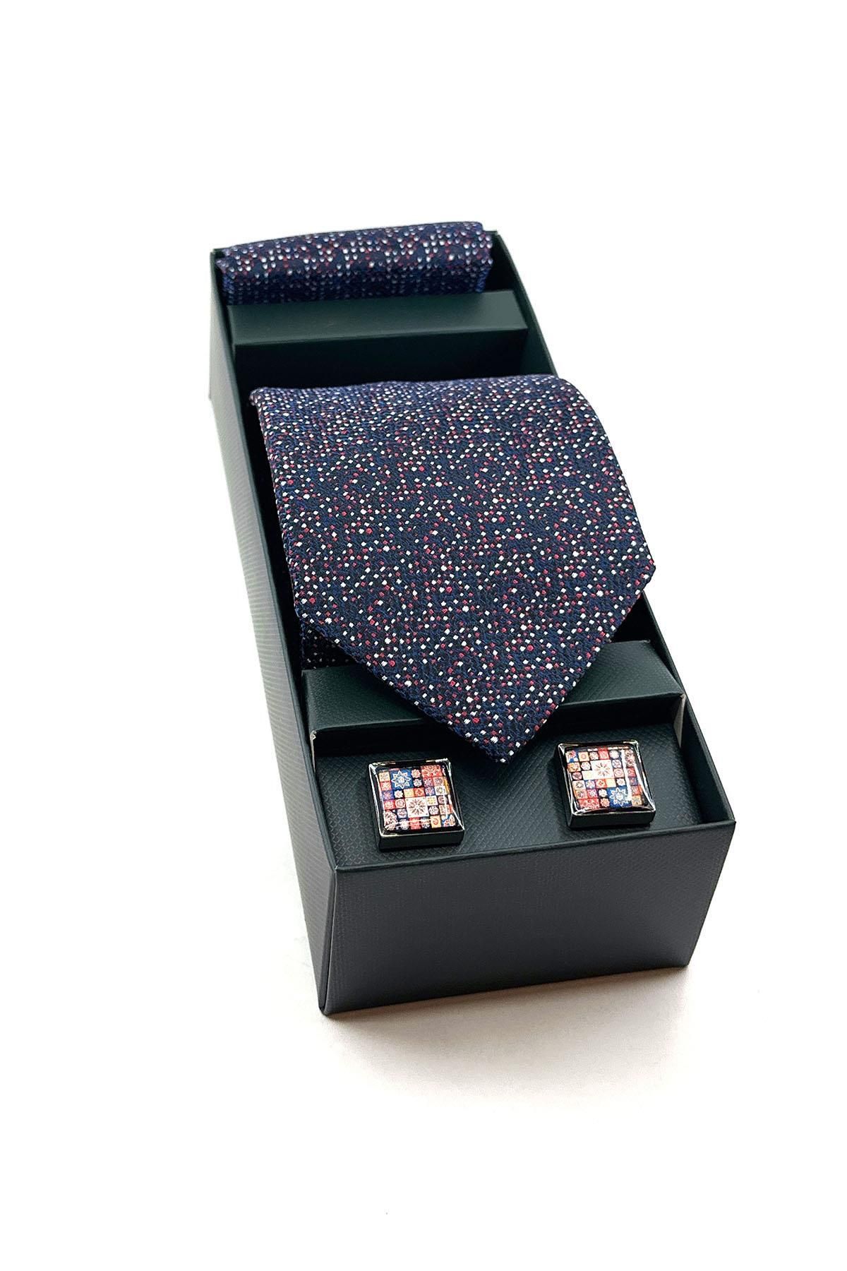 La Pescara Lacivert Mendilli Kravat Çok Renkli Kol Düğmesi Hediye Seti OS519