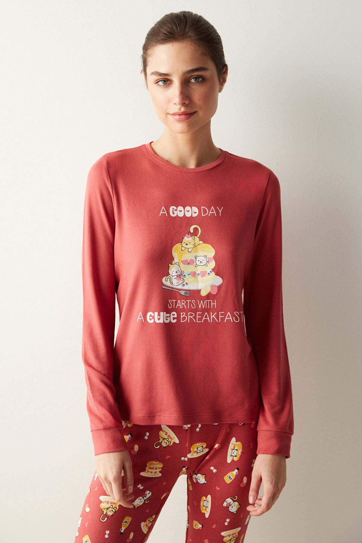 Penti Kadın thermal Cute Breakfast Termal Kırmızı Pijama Takımı