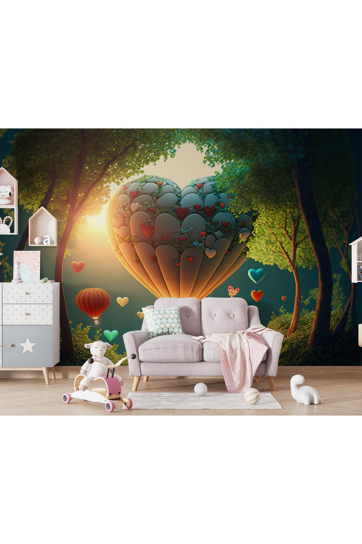 Plustablo Kalpli Sevimli Hava Balonları ve Ağaçlar Çocuk & Bebek Odası Poster Duvar Kağıdı, Kreş Duvar Kağıdı