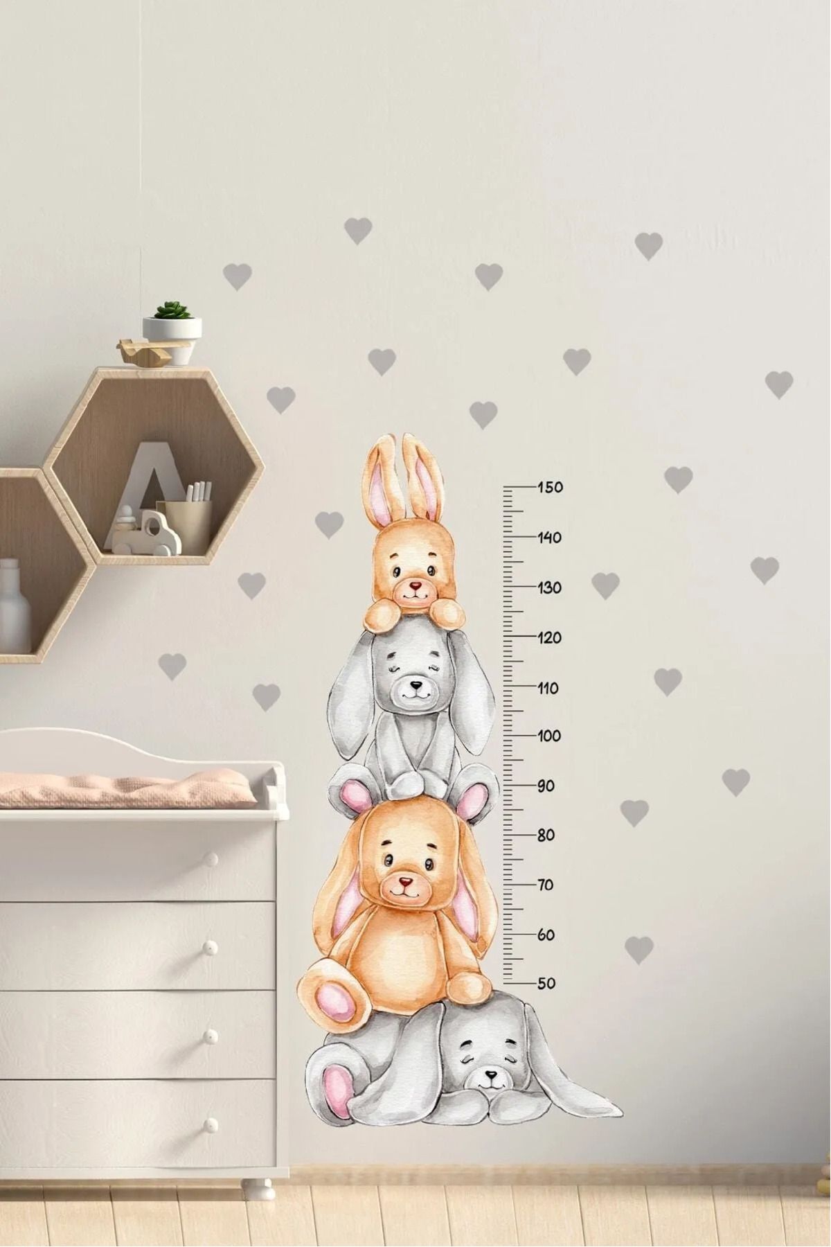 efekt reklam Tavşan Ailesi Boy Ölçer Çocuk, Bebek Odası Anaokulu-kreş Duvar Kağıdı Yapışkanlı Sticker Seti