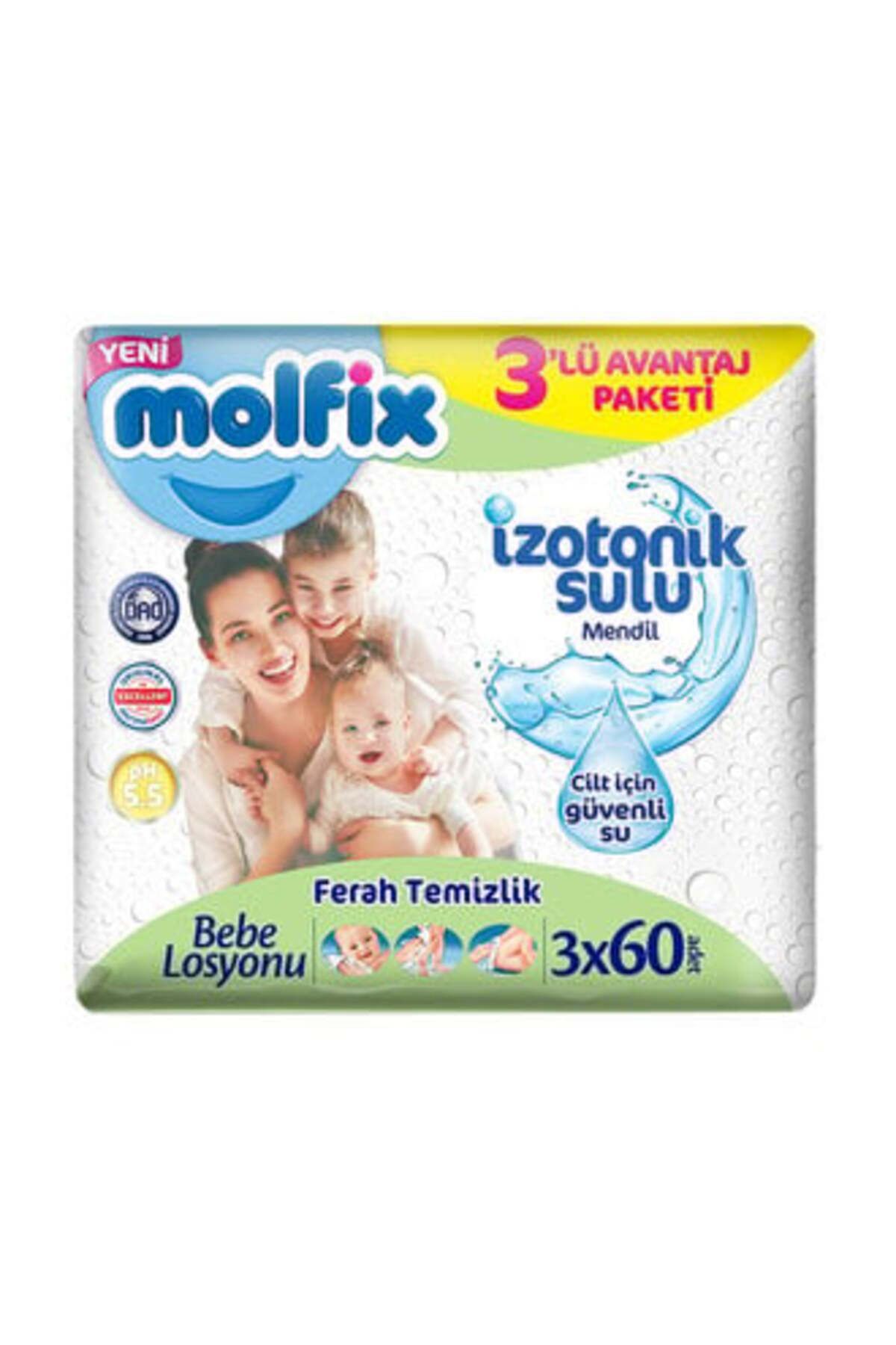 Molfix İzotonik Sulu Islak Mendil Ferah Temizlik 60x3'lü ( 5 ADET )