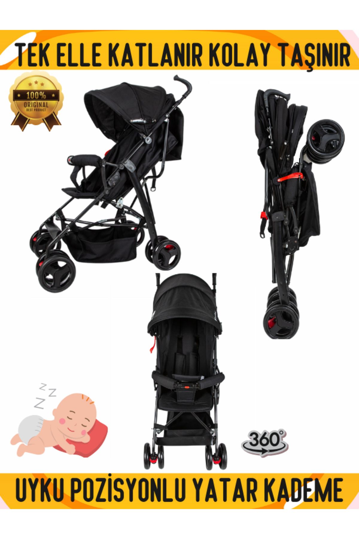 AYVELLA Tek Elle Katlanır Kolay Taşınır Baston Bebek Arabası Yatar Uyku Pozisyonlu Sepetli AYVELLA Lüx Model
