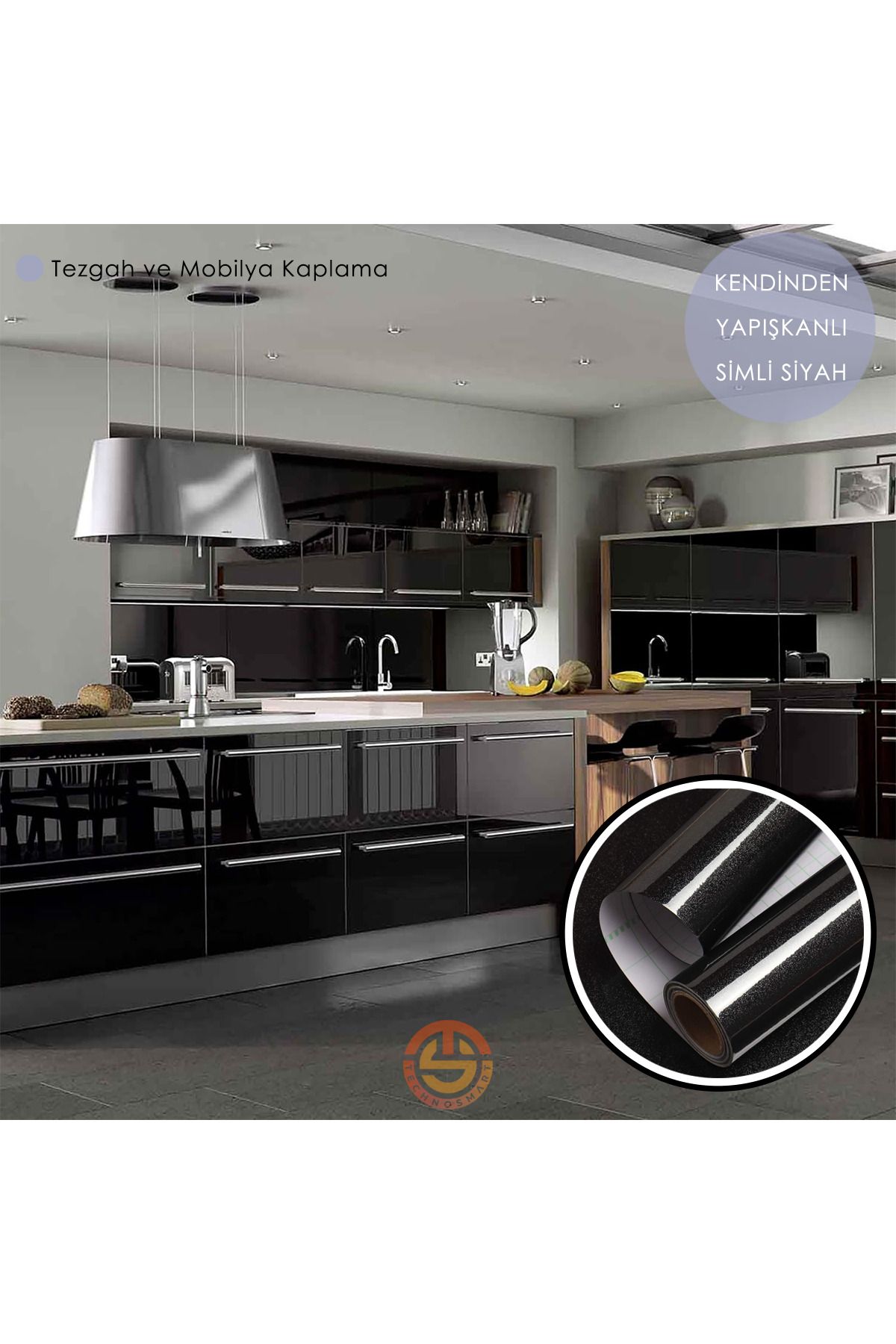 TechnoSmart 60cm×500cm Kendinden Yapışkanlı Simli Siyah Duvar Kağıdı Mutfak Dolap Masa Kaplama