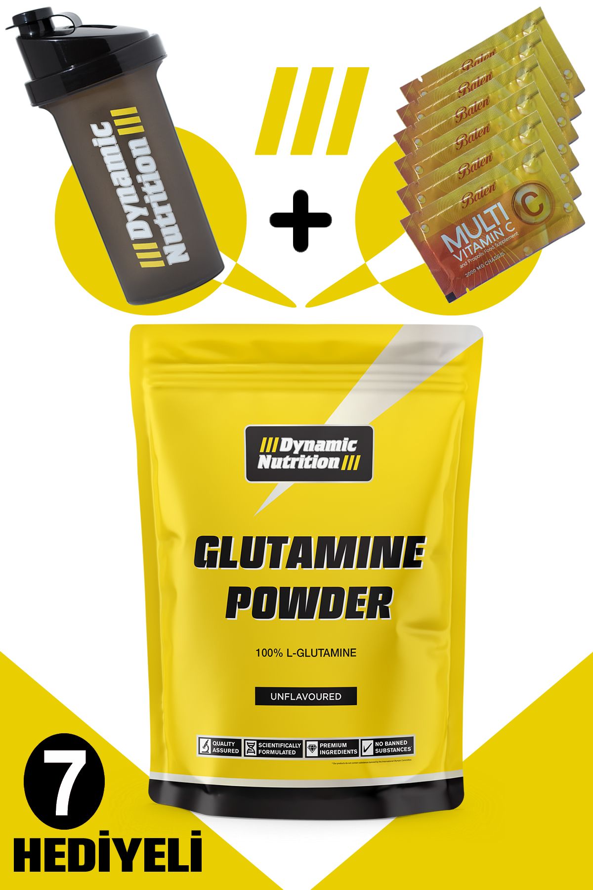Dynamic Nutrition L-glutamine Powder 500 gr 100 Porsiyon 7 shaker + 6 Adet Multi C Saşe