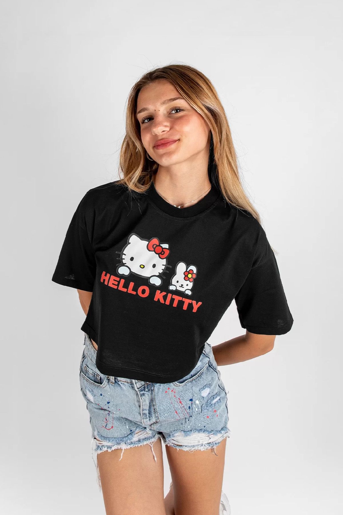 Sekizbiraltı Hello Kitty Baskılı Kemer Boy Oversize Kadın Siyah Tshirt