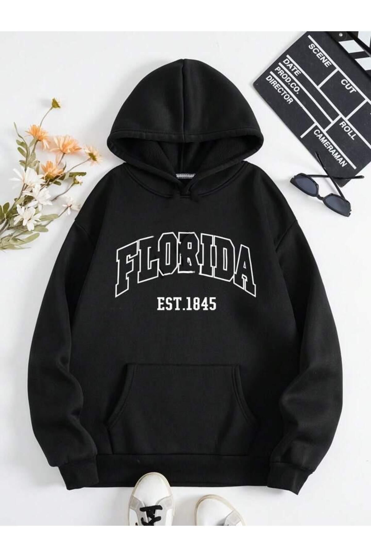 AFROGİYİM Unisex Siyah Florida Baskılı Pamuklu Kapüşonlu Oversize Sweatshirt