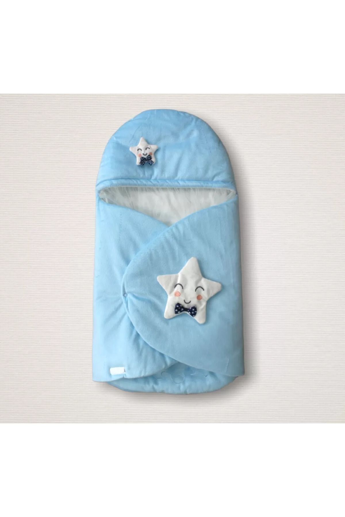 OK STORE Yenidoğan Çift Yıldız Detaylı Şapkalı Duvaklı Erkek Bebek Klasik Kundak Bebek Battaniyesi