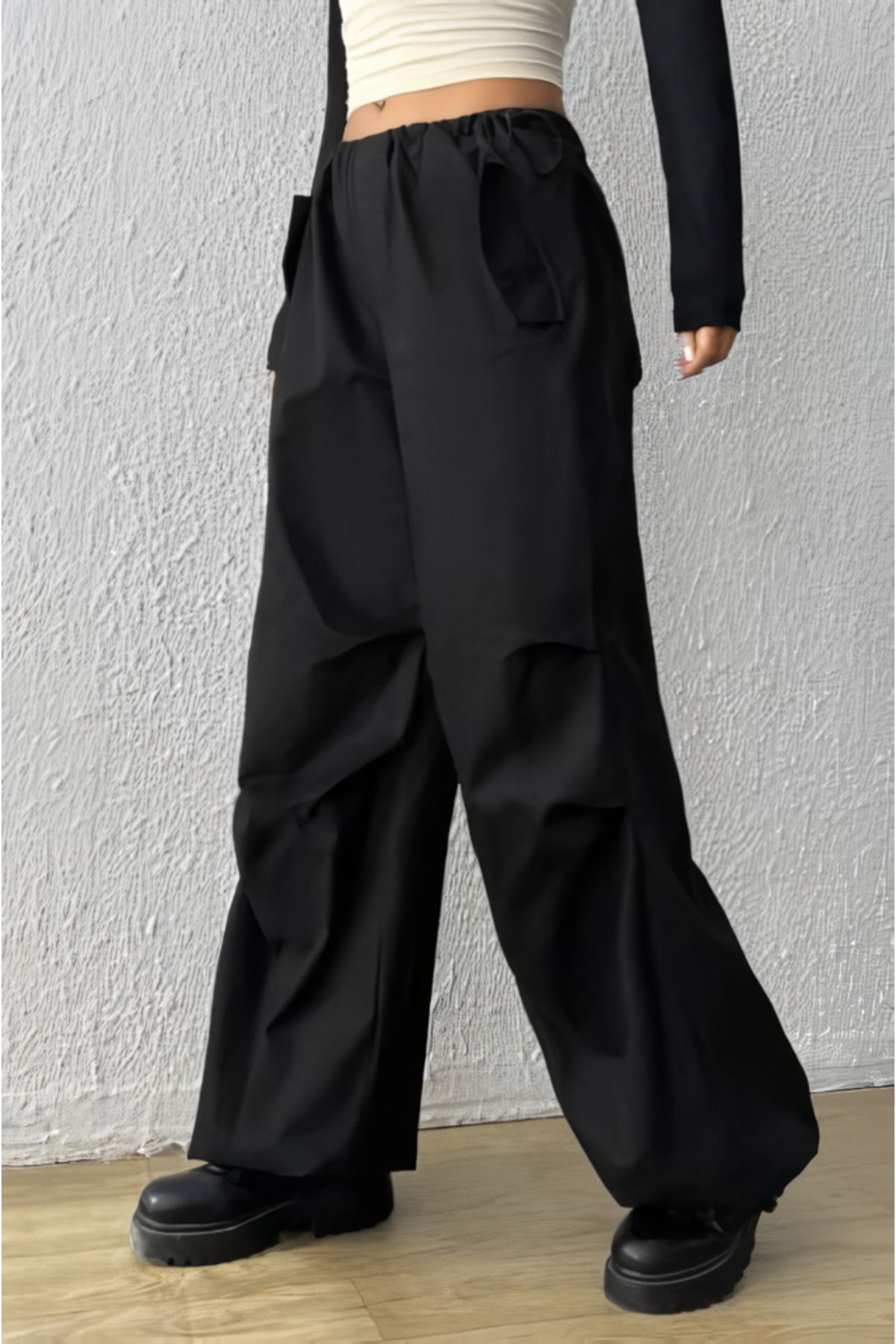 Ef Butik Siyah Tactical Bol Kalıp Lastikli Pantolon