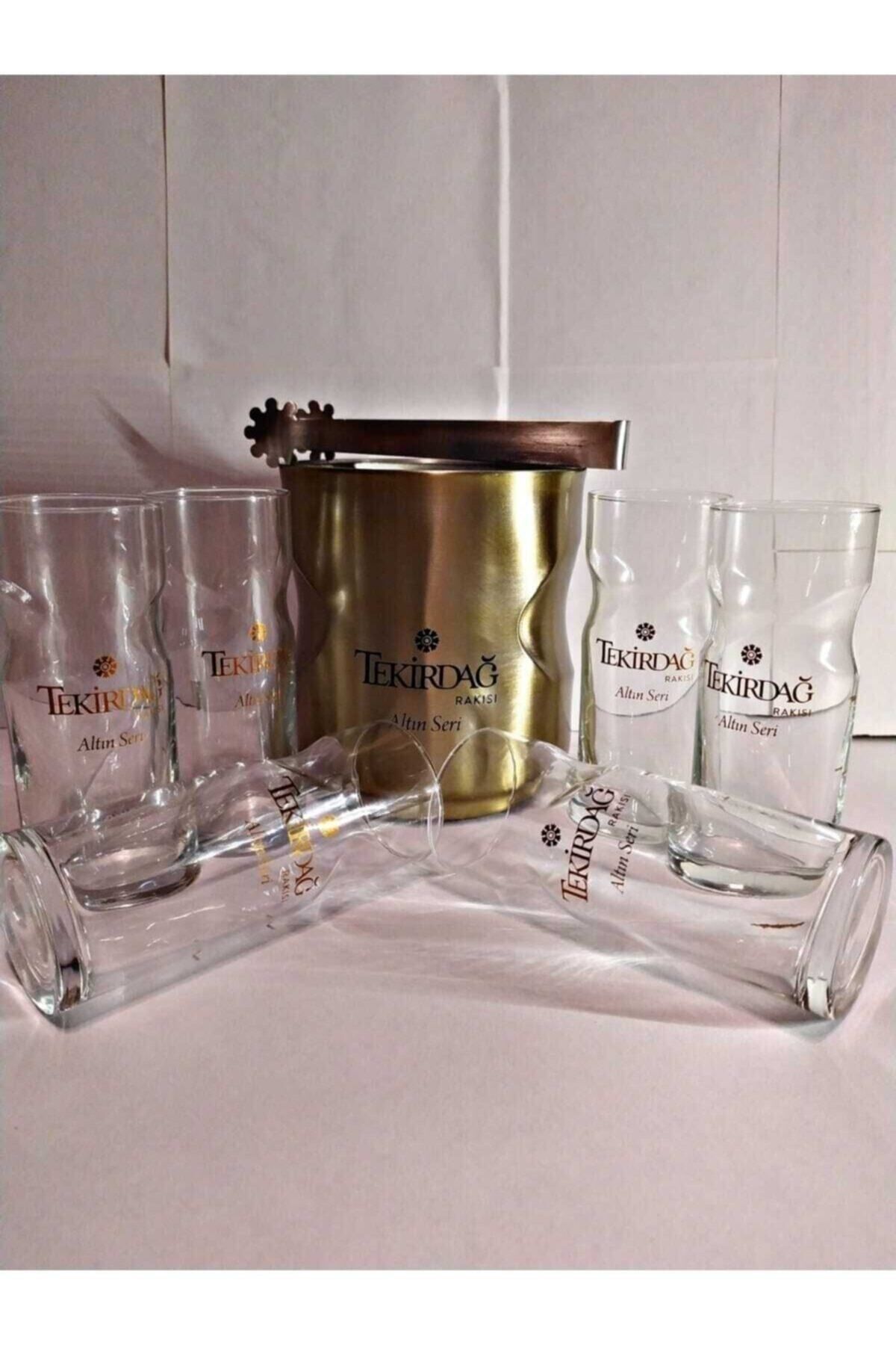 Paşabahçe Özel Tasarım Altın Seri Rakı Bardağı(6 Adet)+ Altın Seri Çelik Buz Kovası Set Lotus Bardak