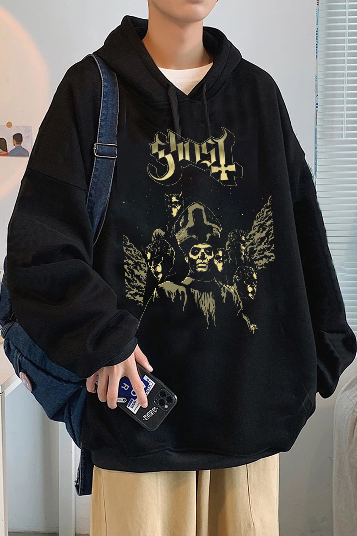 Freak Tshirt Siyah Renk Ghost Baskılı Geniş Kesim Kapüşonlu İçi Polarlı Rock-Metal Unisex Hoodie