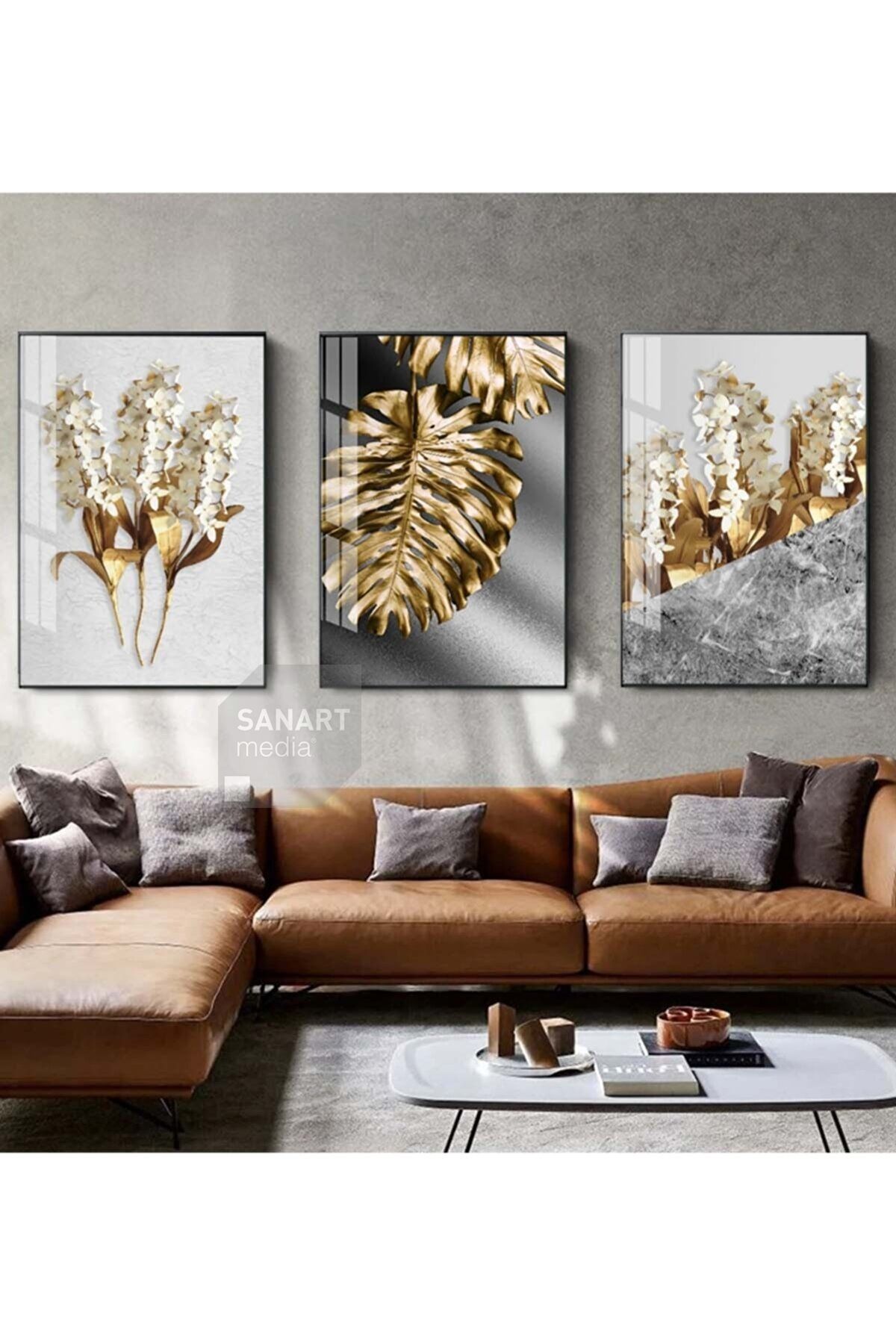 ceppix 3'lü Altın Yaprak Çiçekli Çerçeveli Camlı Tablo Seti Poster Duvar Dekoru Modern Oturma Odası Salon