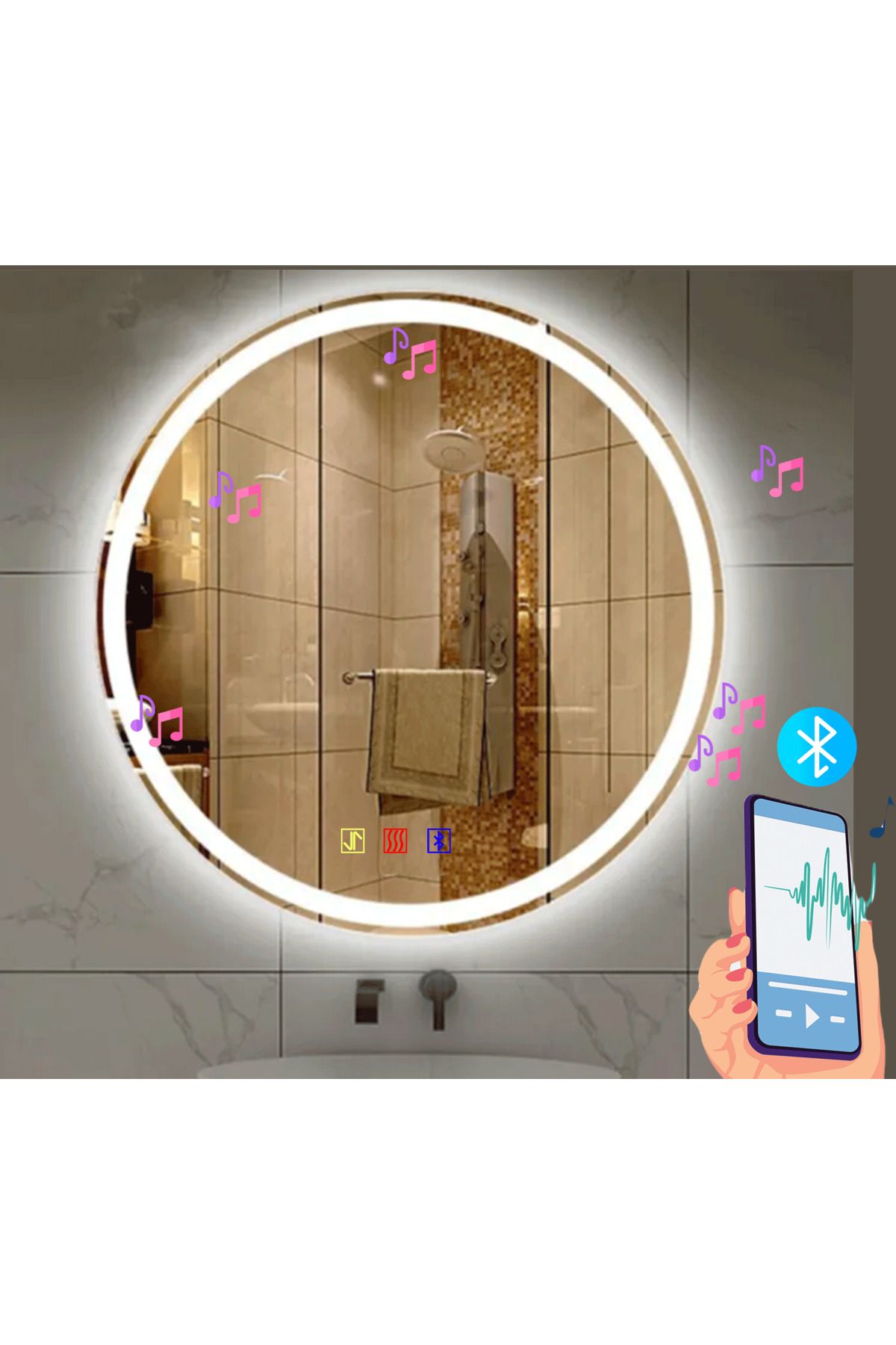 BUGUSAN 80 Cm Bluetoothlu Dokunmatik Tuşlu Buğulanmayan Ledli Yuvarlak Ayna Banyo Aynası