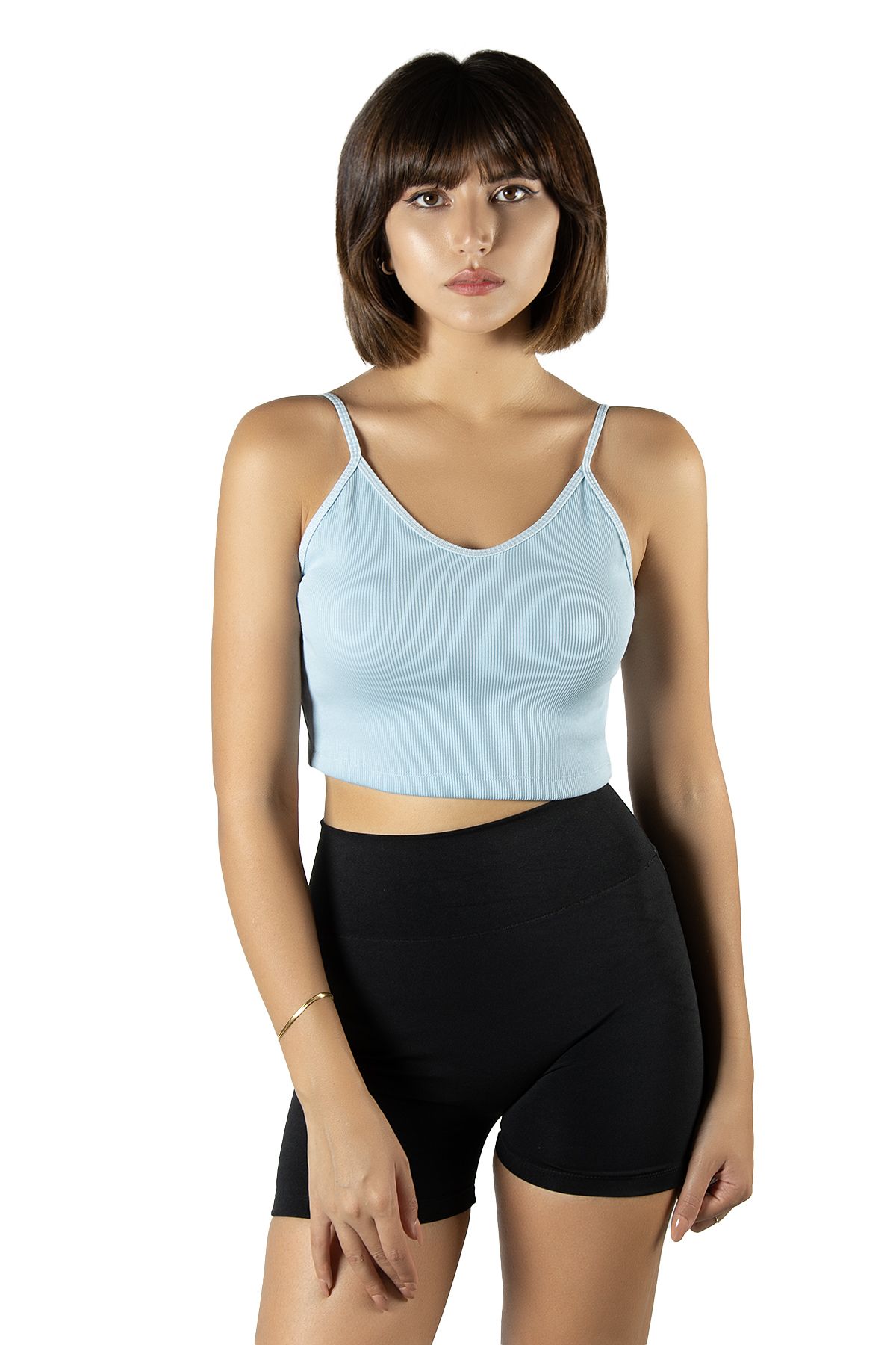 VEAVEN Açık Mavi İp Askılı Fitted/Vücuda Oturan Fitili Örme Crop Top Bluz