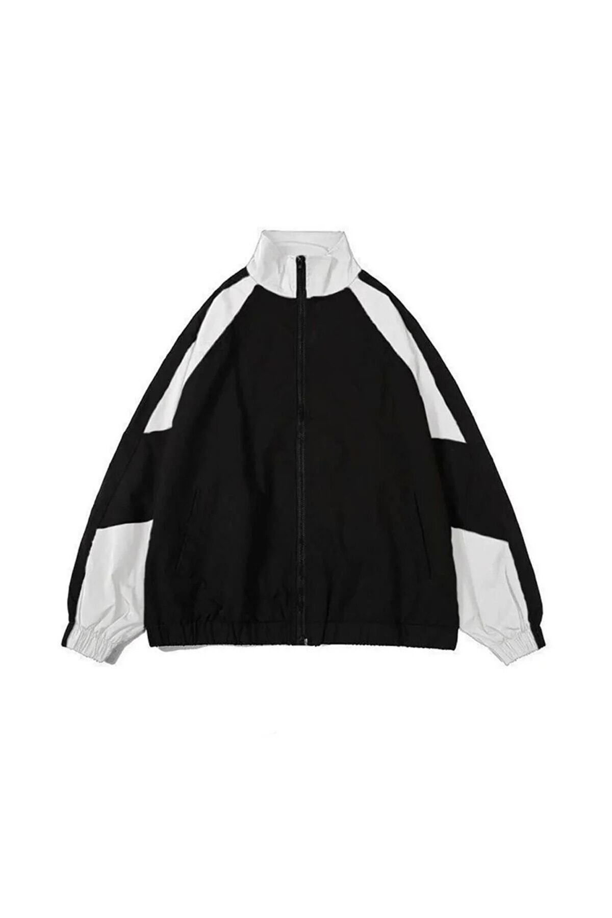 Gofeel Yağmurluk Ceket Paraşüt Kumaş Unisex Oversize Bol Kalıp Siyah-beyaz Renkli