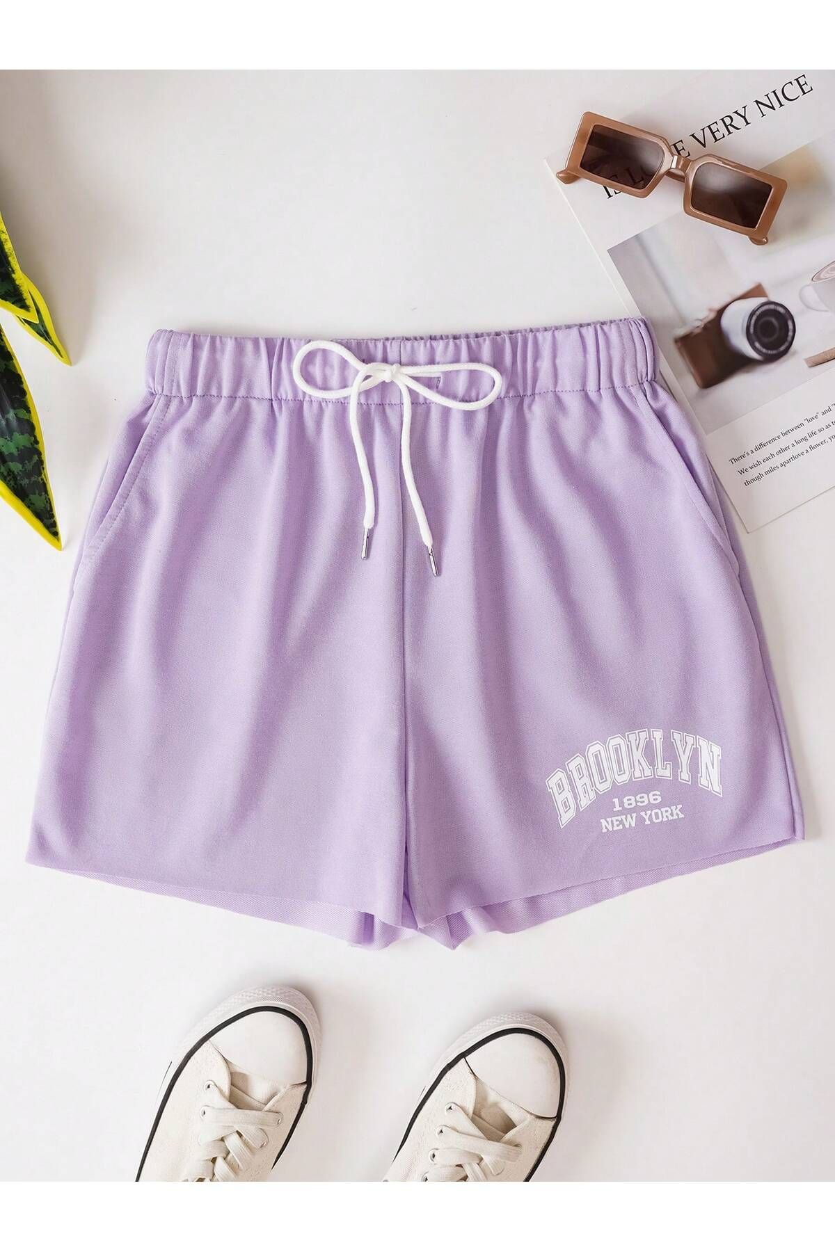 Adrift Letter Graphic Drawstring Waist Şort