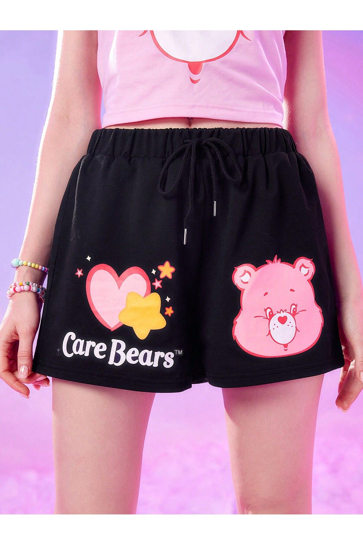 Adrift Care Bears Cartoon Graphic Drawstring Waist Şort
