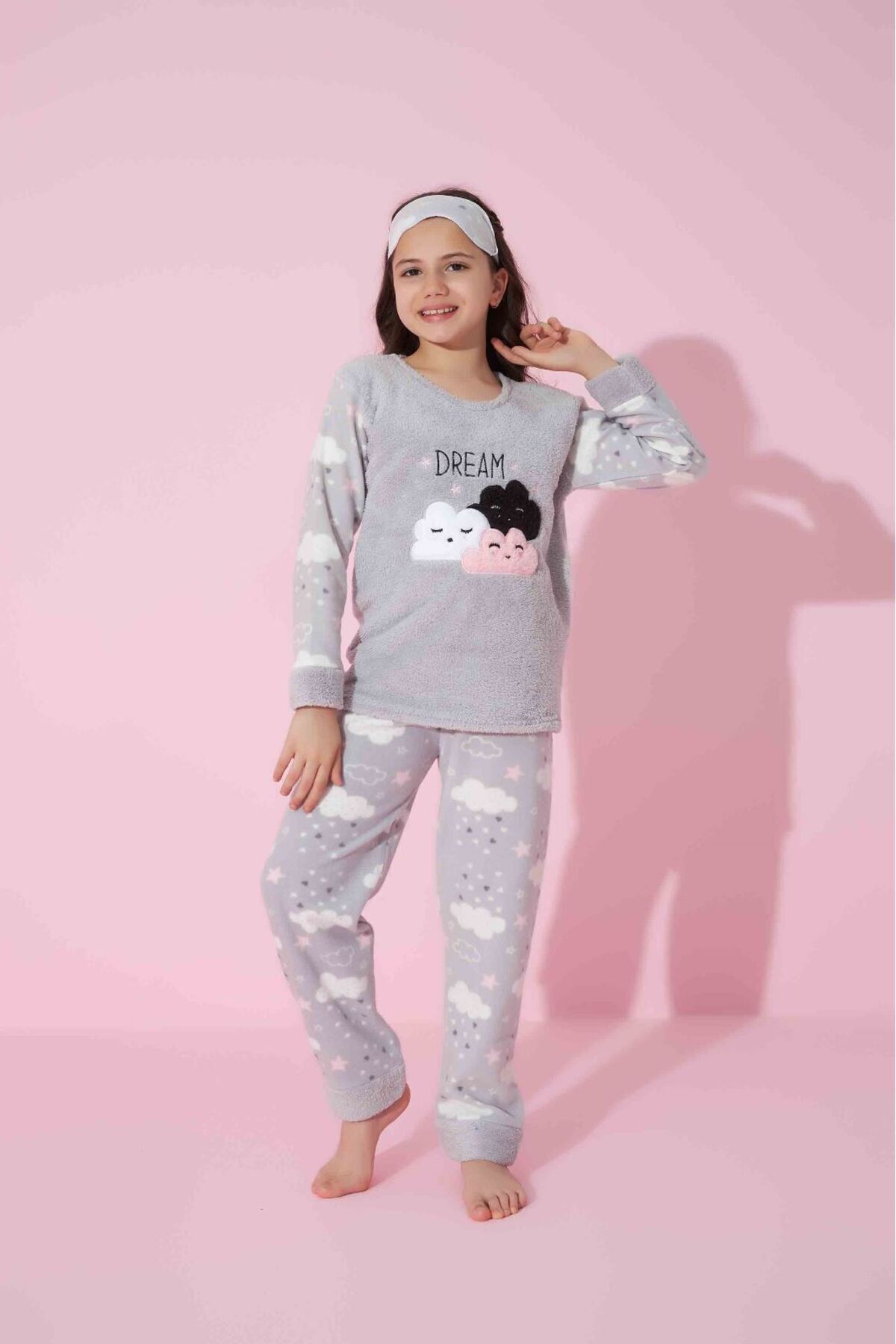 Tarık Kız Çocuk Garson Boy Bulut Desen Gri Kışlık Polar Pijama Takımı -2302