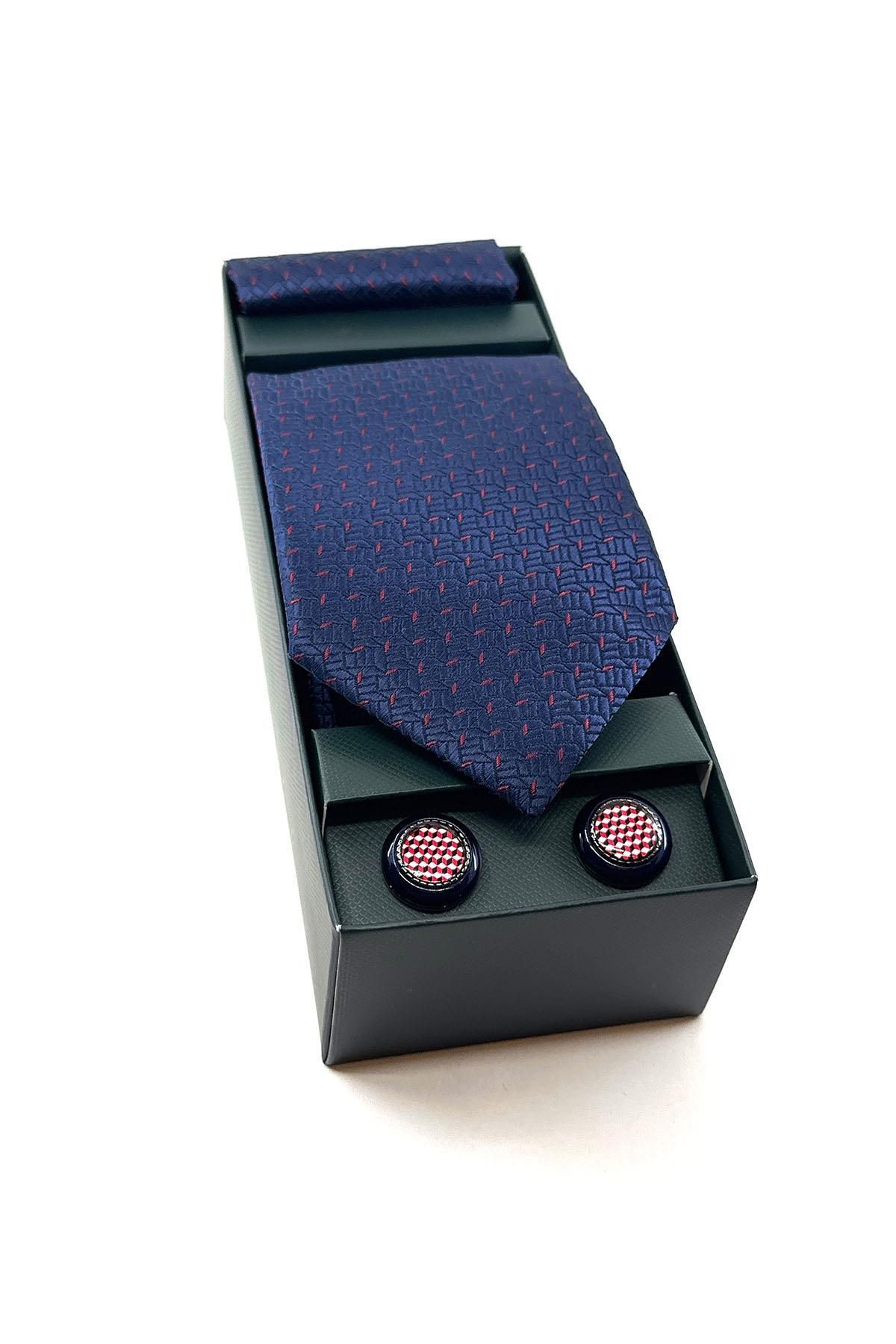 La Pescara Lacivert Mendilli Kravat Çok Renkli Kol Düğmesi Hediye Seti OS543