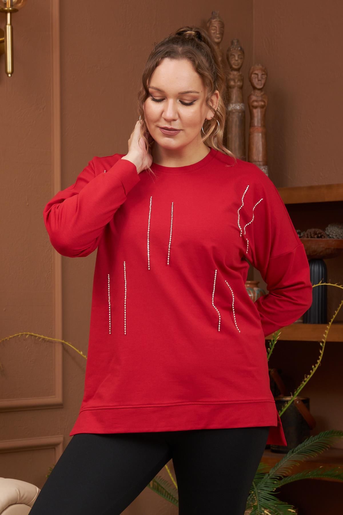 Rmg Hscstore Kadın Taş Detaylı Yırtmaçlı Büyük Beden Kırmızı Sweatshirt- O6188