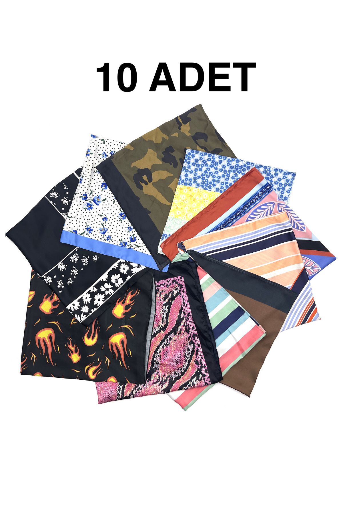 Naz İpek 10'lu Set %100 Saten Bandana Fular 55x55cm Toptan Hediyelik Etnik Geometrik Çiçekli