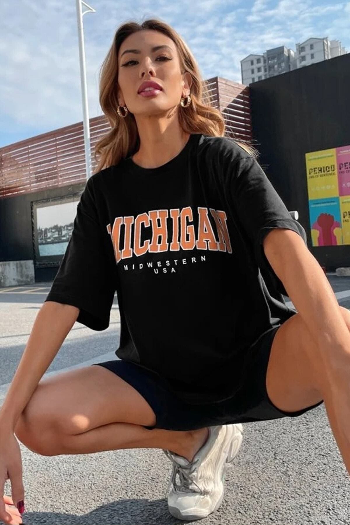 Laundry Kadın Siyah Oversize Michigan Baskılı T-shirt