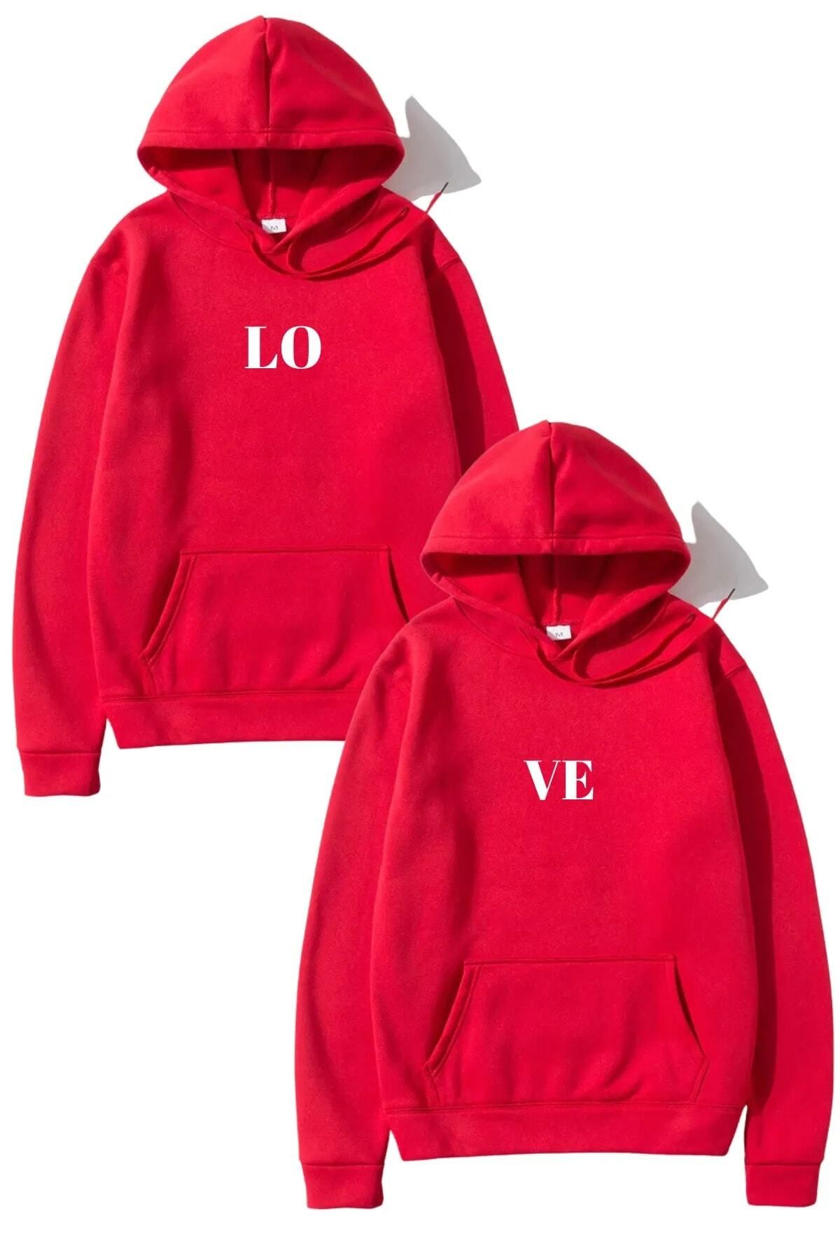 blausee wear Sevgili Çift Kombini Love Sembol Tasarım 2'li Ürün Kırmızı Siyah Kapüşonlu Sweatshirt