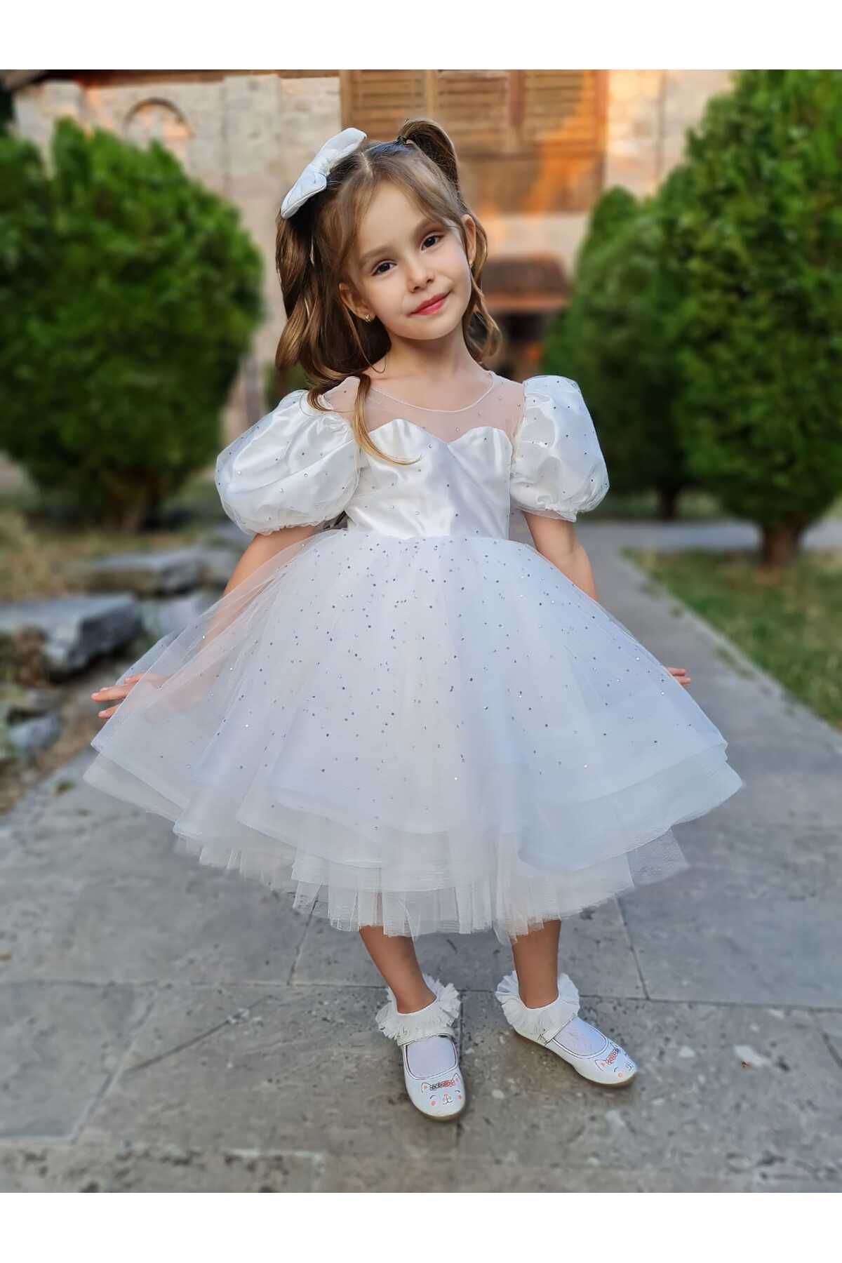 Sare Çocuk Giyim Prenses Kabarık Kız Çocuk Beyaz Gelinlik Abiye Elbise