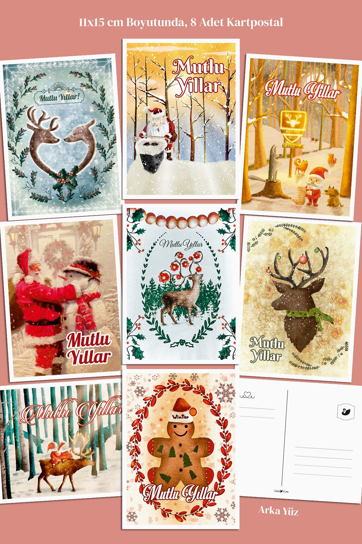 Özer Store 8 Adet Yeni Yıl Yılbaşı Noel Baba Kış Temalı Kartpostal Seti Mesaj Kartı