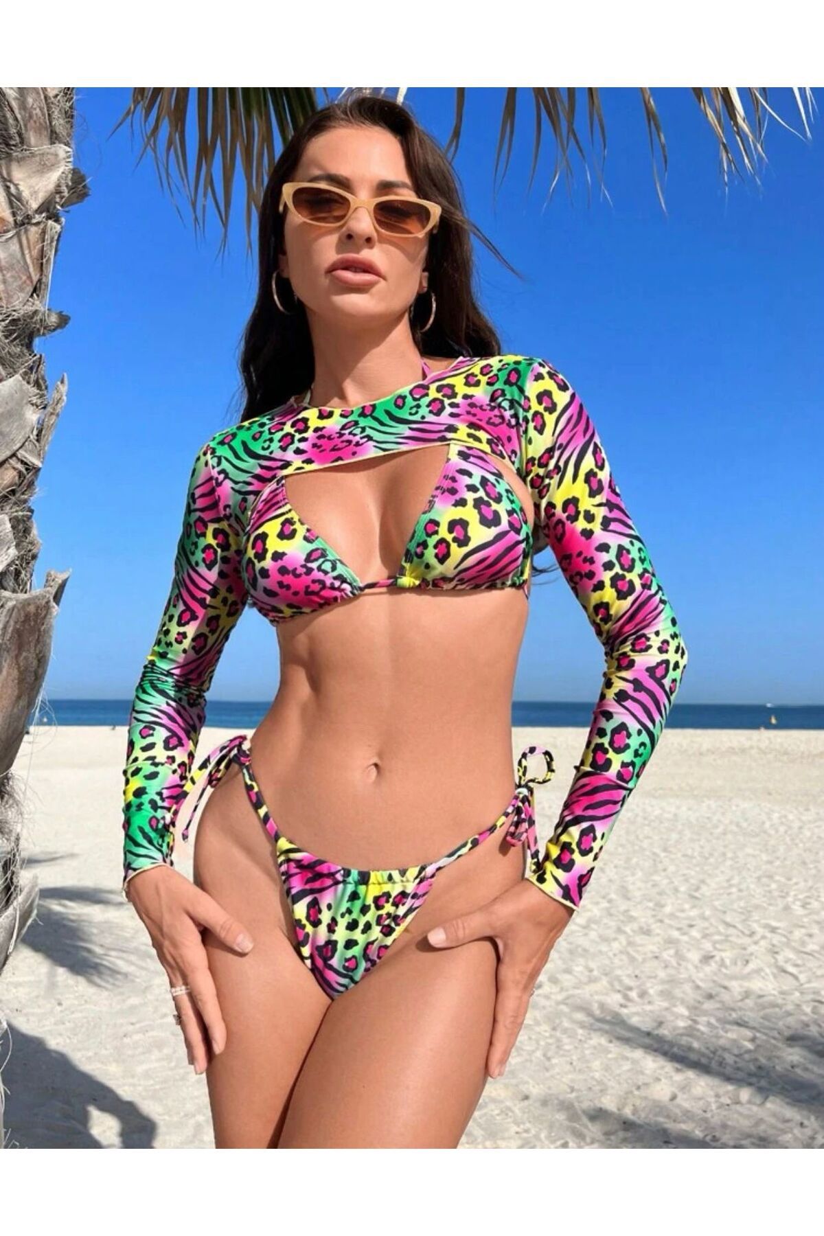 elifbilginbutik Kadın renkli leopar desenli pareolu bikini takımı