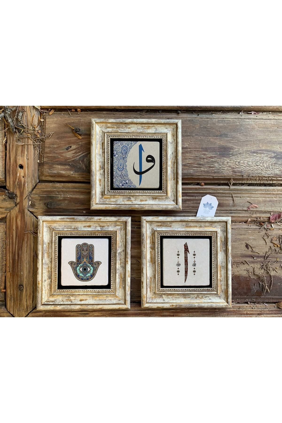 Oscar Stone Decor Çerçeveli Taş Duvar Dekoru 20 X 20 Cm 3 Lü Set Fatma Ana Eli Elif Ve Vav Elif