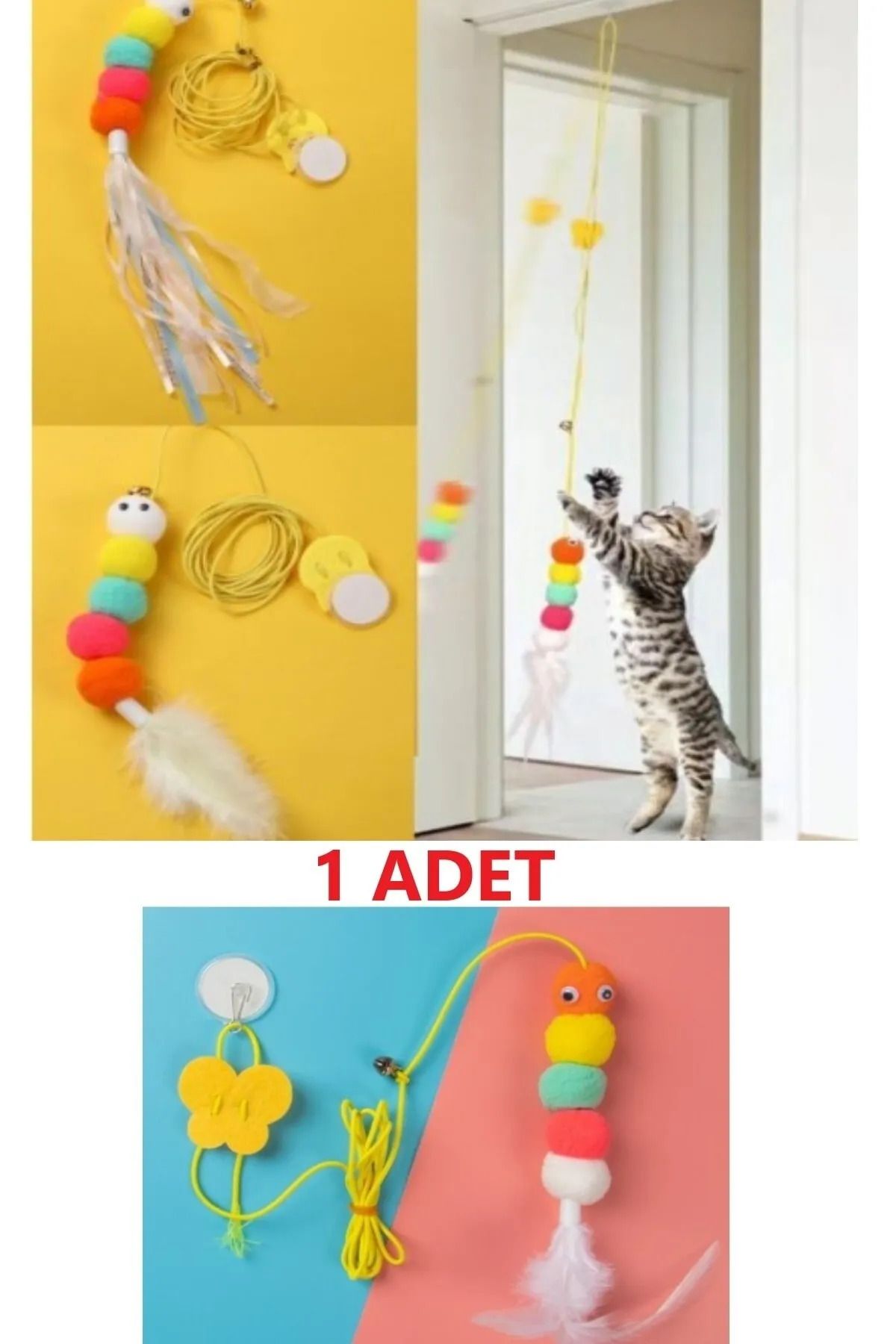TİNEKE PETSHOP Elastik Kendinden Yapışkanlı Renkli Kedi Oyun Oltası Kedi Oyuncağı Yapışkanlı Olta Eğitim Oyuncağı