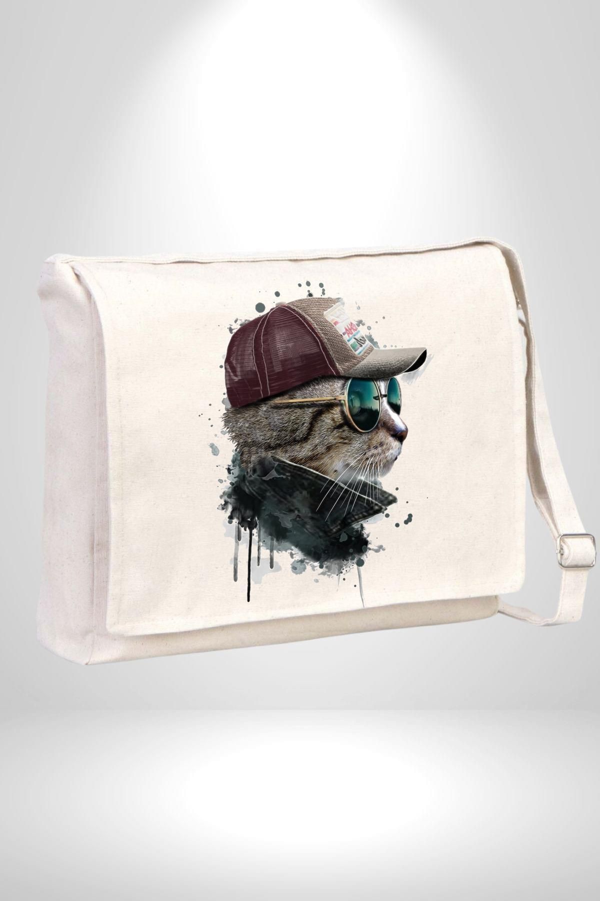 neopolis Pilot Çeketli Deri Şapkalı Cool Kedi Kadın Erkek Çocuk Kanvas Postacı Çanta