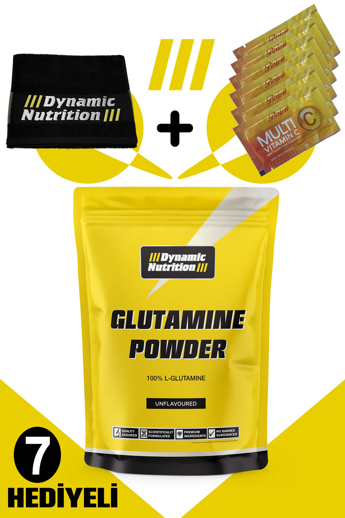 Dynamic Nutrition Dynamic L-glutamine Powder 500 Gr - 100 Porsiyon + 7 Hediyeli (havlu + 6 Adet Multi C Saşe)